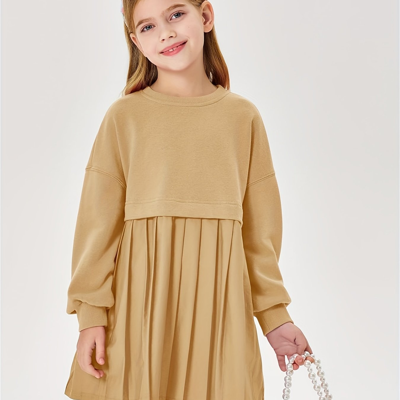 Girls Pleated Sweatshirt Dresses Kids Fashion Long Sleeve Crew Neck Mini Dress
