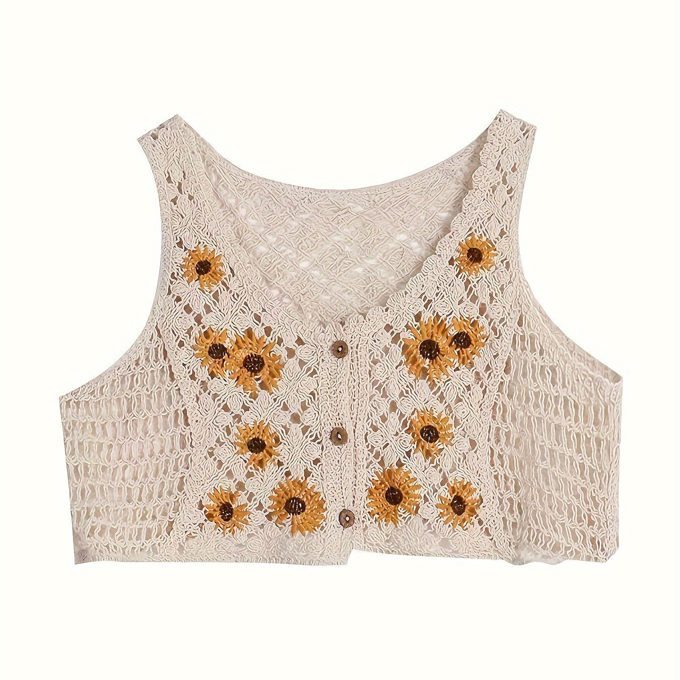 Girls Bohemian Style Knitted Cropped Cardigan Vest, Floral Embroidery With Button Detail, Kids Fashion Outerwear