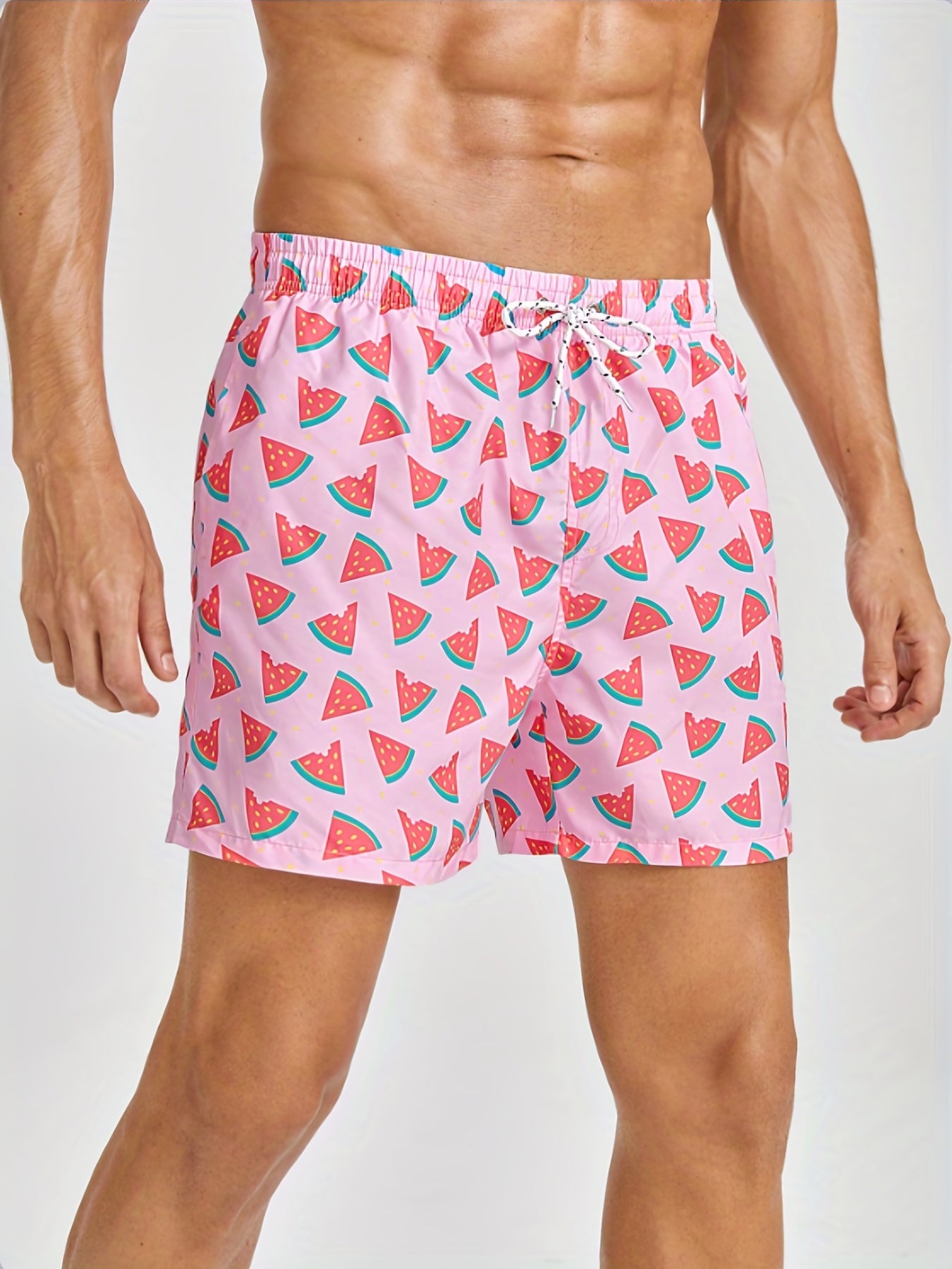 Mens Watermelon Print Hawaiian Shorts - Ultra-Comfortable Quick Dry Swim Trunks with Pockets & Drawstring Waistband - Durable Cartoon Pattern for Fun Summer Vacation, Beach & Pool Outings