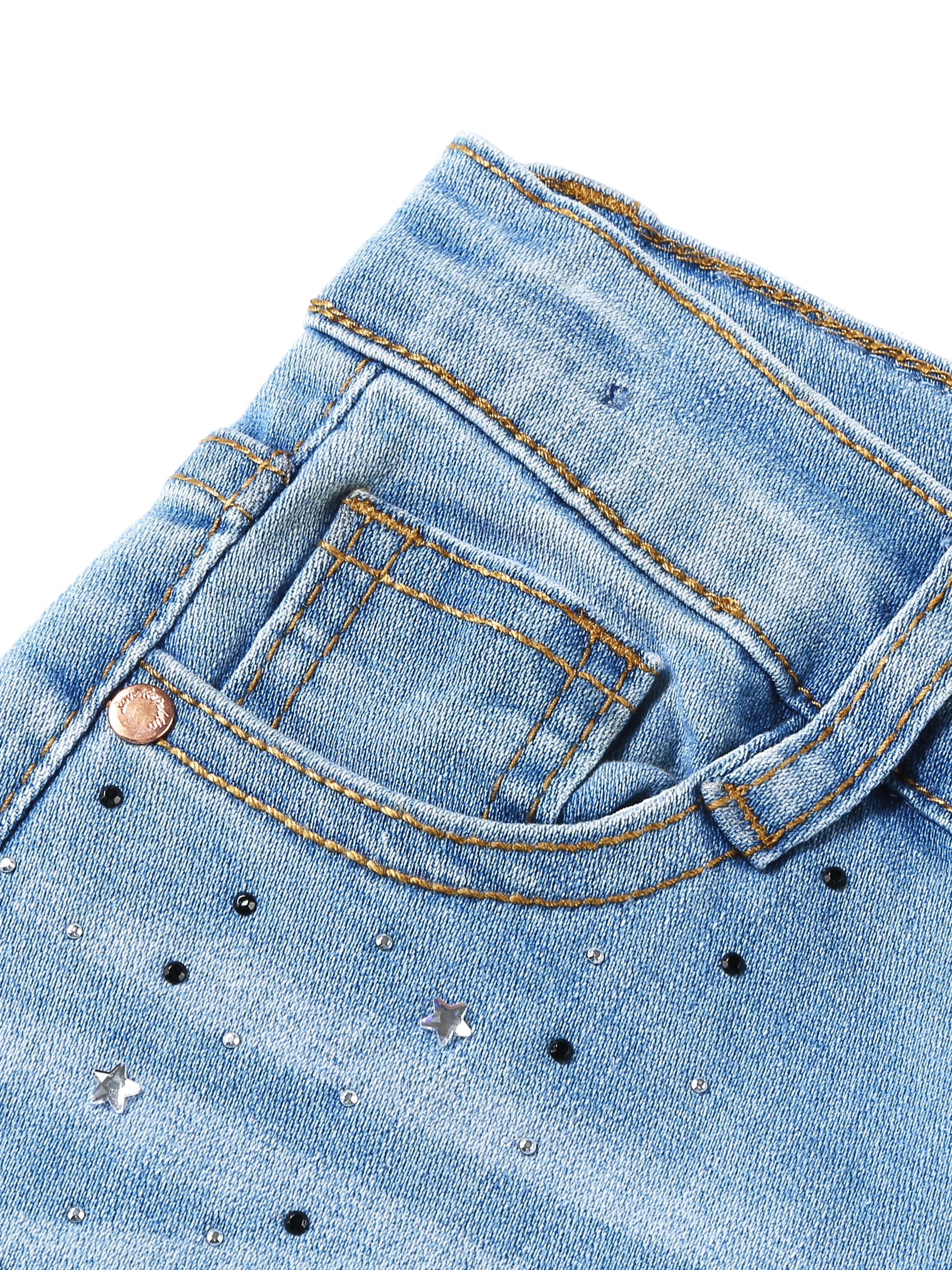 Girls' Rhinestone Embellished Stretch Denim Jeans - Cute & Comfortable Regular Fit with Elastic Waistband, All-Season Casual Wear for Kids, Cute Jeans, Kids Fashion, Comfortable Kids Wear