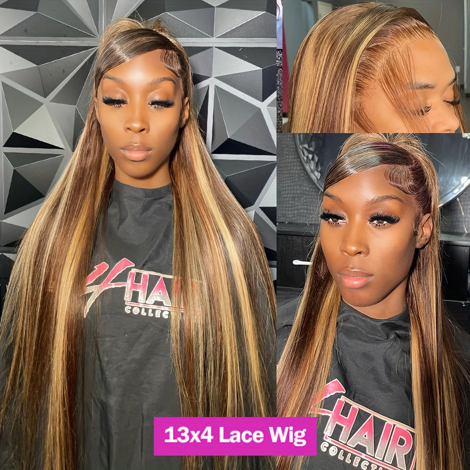13x4 HD Lace Front Peruvian Remy Human Hair Wigs - Bone Straight Glueless Transparent Ombre Brown P4/27 - 28 30 32 Inch Lace Closure Wig Pre Plucked Colored Wig