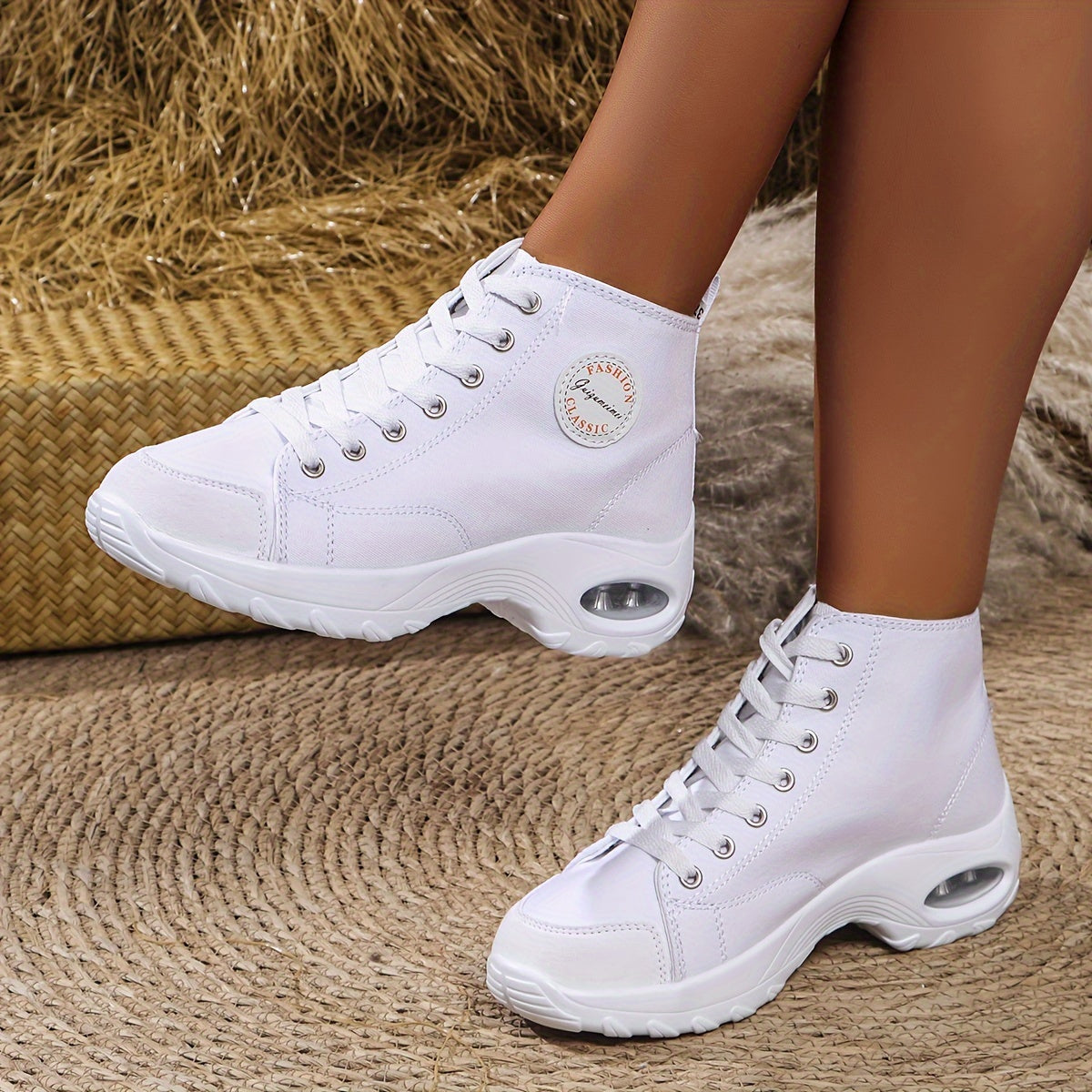 [Bold Style] Women's Fashionable High-Top Walking Shoes with Air Cushion - Lightweight, Thick Sole for Height Boost, Lace-Up, Comfortable Fabric Interior, All-Season Casual Footwear, Versatile Women's Shoes|Trendy Thick Sole|