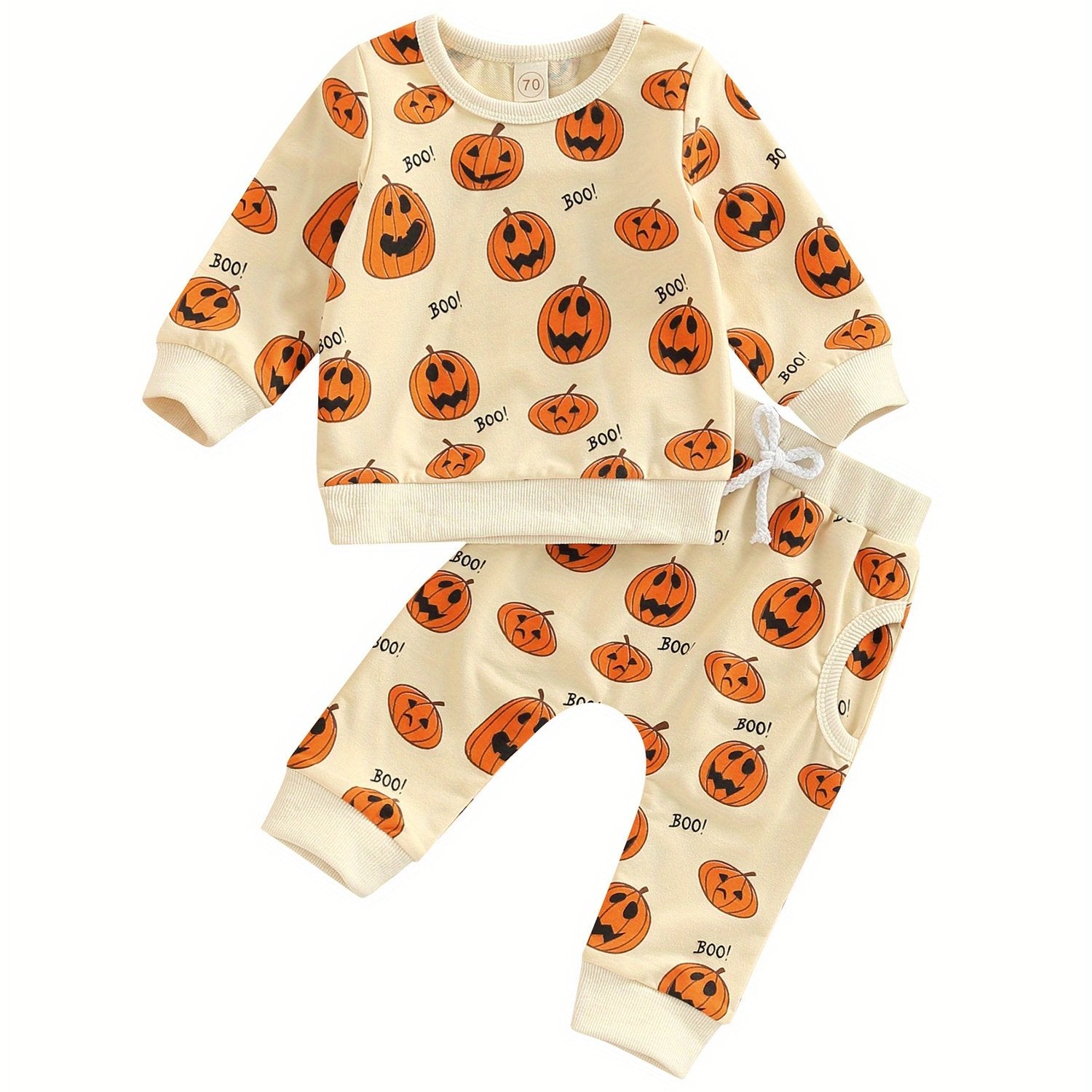 [Halloween] Toddler Baby Girl Boy Halloween Outfits Pumpkin Long Sleeve Sweatshirt Top Elastic Waist Jogger Pants Fall Winter Outfits Pumpkin Clothes 0-3T