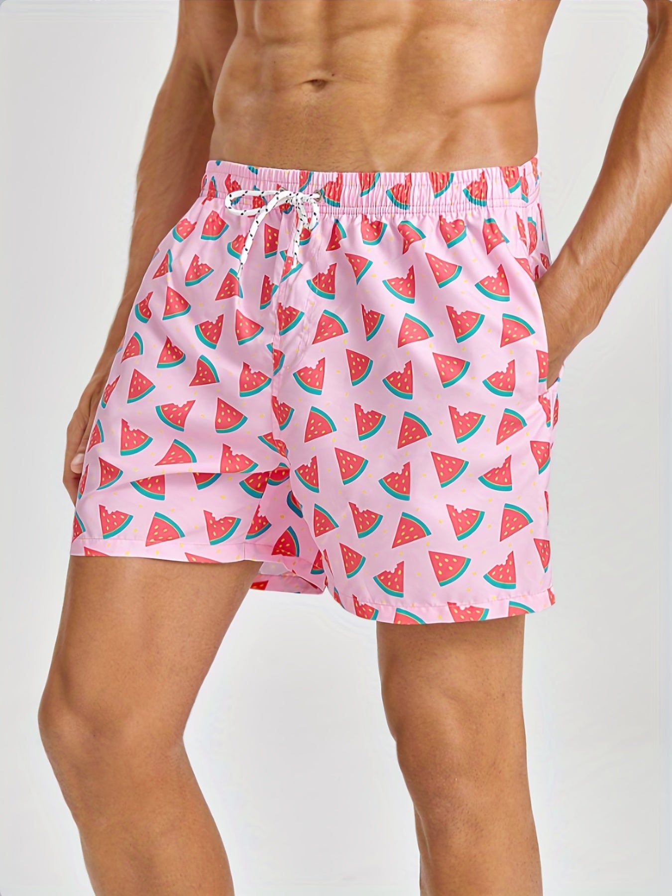 Mens Watermelon Print Hawaiian Shorts - Ultra-Comfortable Quick Dry Swim Trunks with Pockets & Drawstring Waistband - Durable Cartoon Pattern for Fun Summer Vacation, Beach & Pool Outings