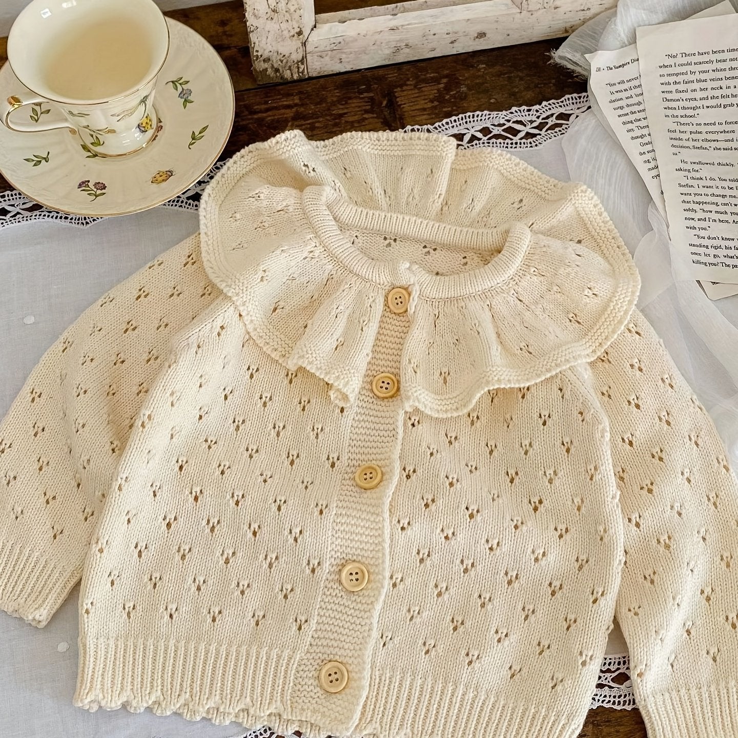 Girls' Jacquard Knit Ruffle Collar Button Long Sleeve Sweater Coat for Fall/Winter Outfits