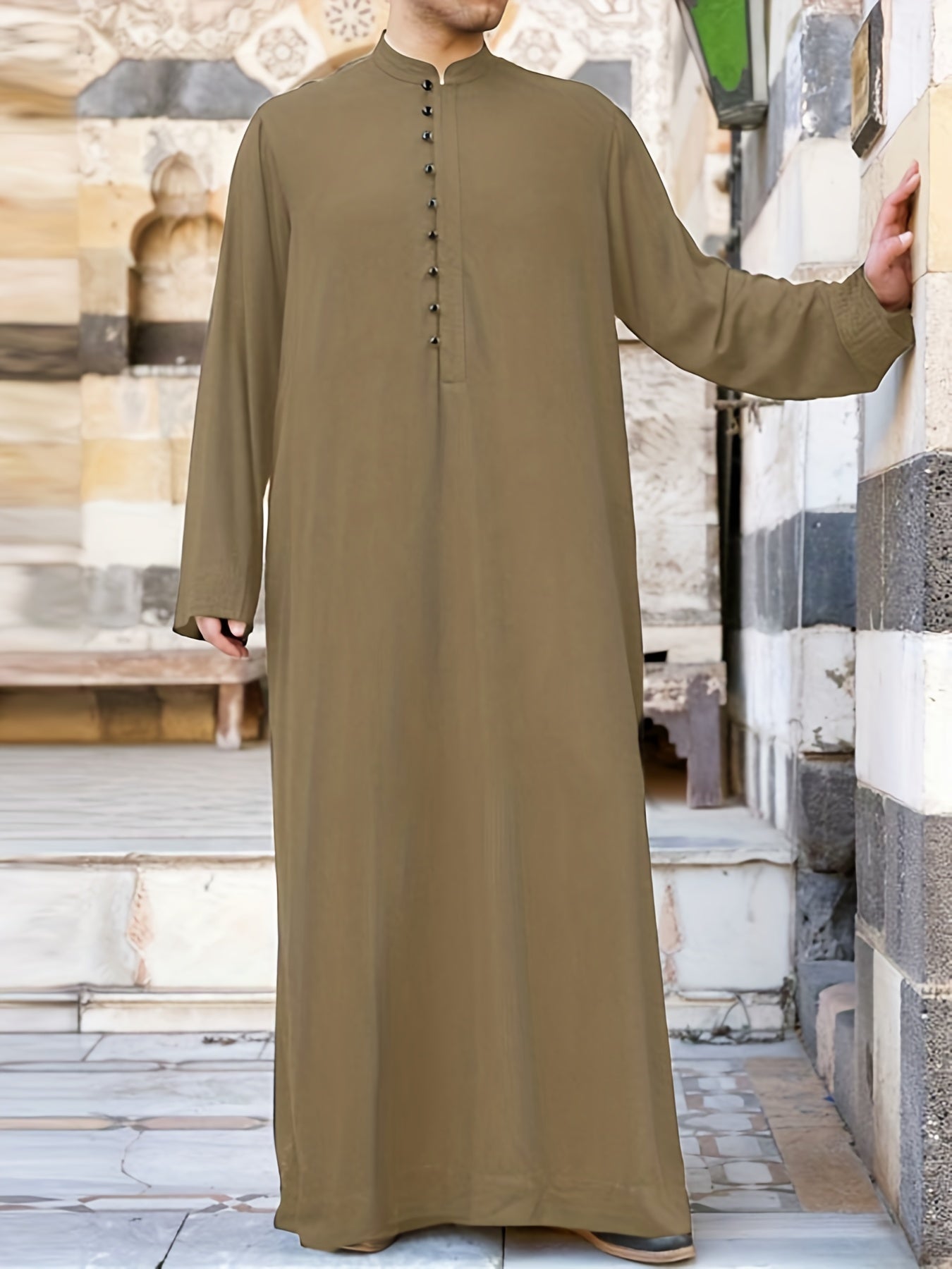 INCERUN Mens Solid Color Long Sleeve Off the Shoulder Thin Thobe Stand Collar Casual Burqa - Polyester Woven Fabric, Regular Fit, Spring Season, Non-Stretch, No Sheer - Perfect for Ramadan, Eid Al-Adha Celebrations