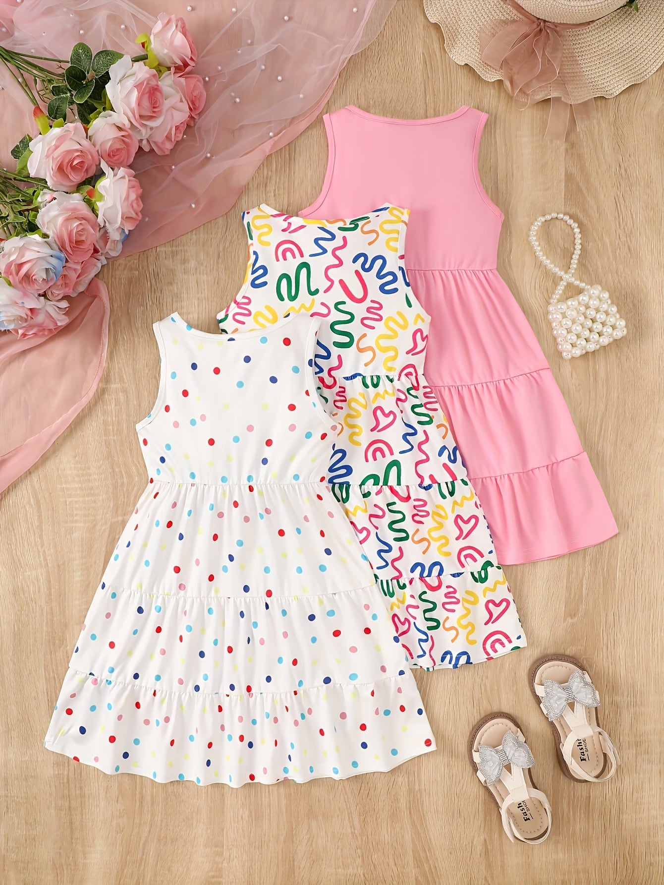 [Girls Sleeveless Dresses] 3pcs Girls' Sleeveless Dresses - Vibrant Rainbow & Candy Pattern, Yellow Tiered Ruffle Dress, Purple Polka Dot with Rainbow & Clouds Design - Perfect for Summer, Parties, and Casual Outings, Party D