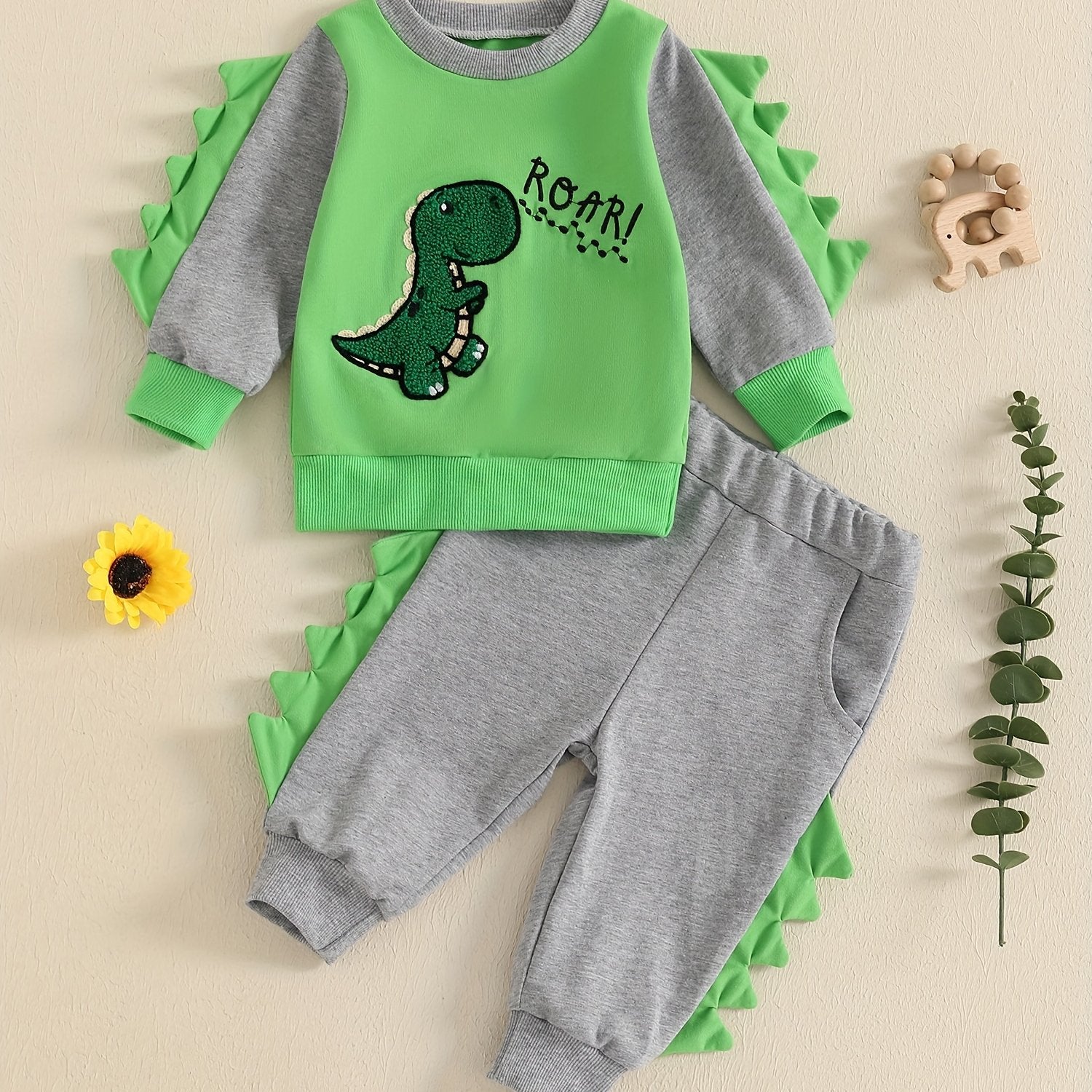 Toddler Boys Fall Outfits Dinosaur Letter Embroidery Long Sleeve Sweatshirts and Long Pants 2Pcs Clothes Set