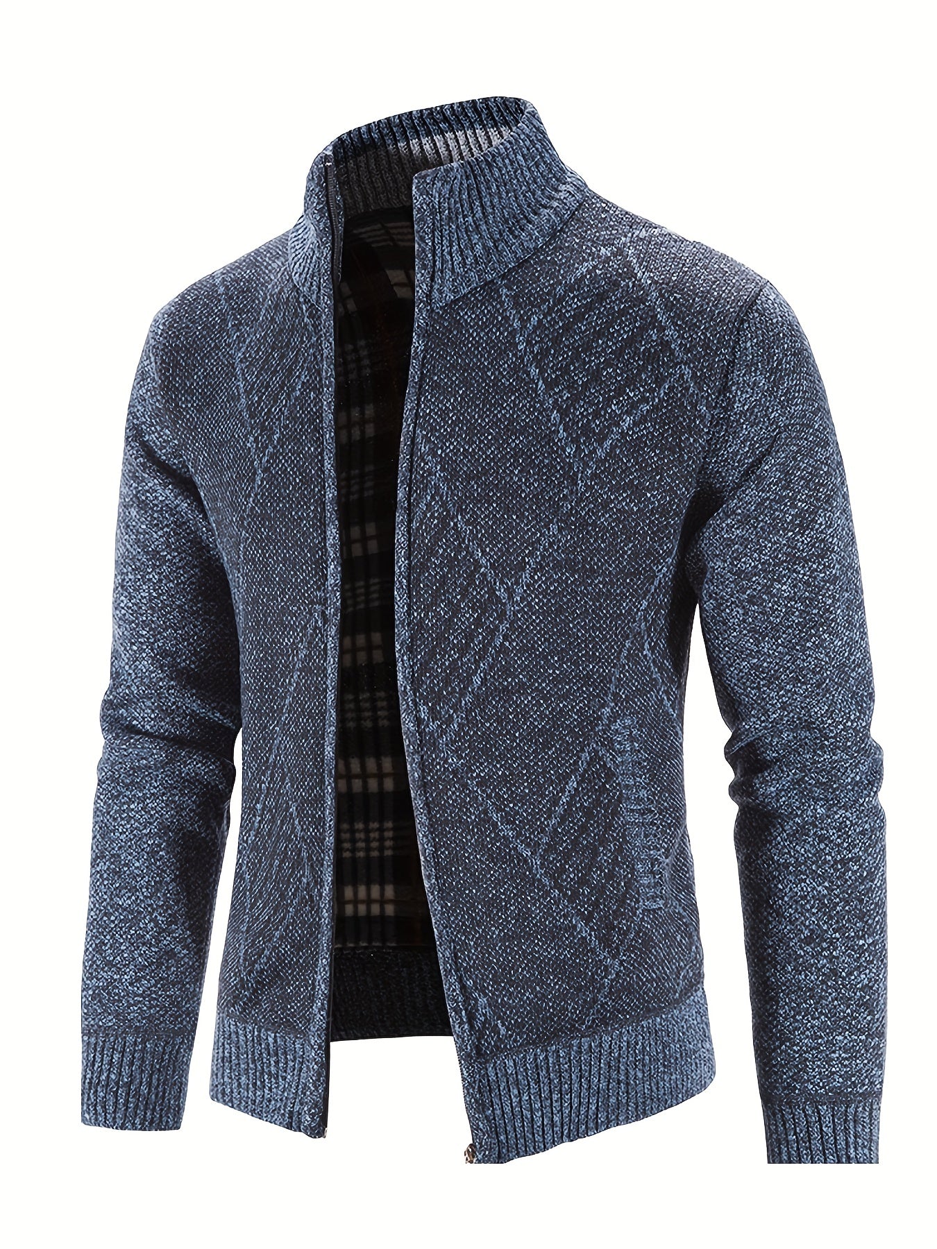Mens Diamond Plaid Cardigan - Stylish Casual with Refined Stand Collar - Luxuriously Plush & Cozy Warm Knit Zip Up - Eye-Catching Design