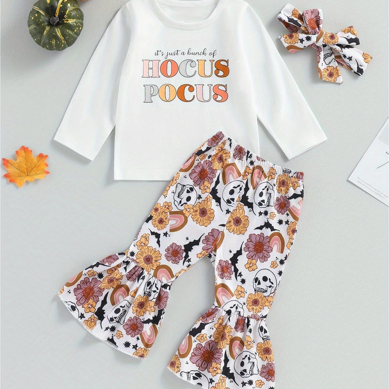 Baby Girls Halloween Clothes Letter Print Long Sleeve Tops and Pumpkin Print Flared Pants Headband Set Fall Outfits 0 6 12 18 24 Months 2-3 Years Old Kid