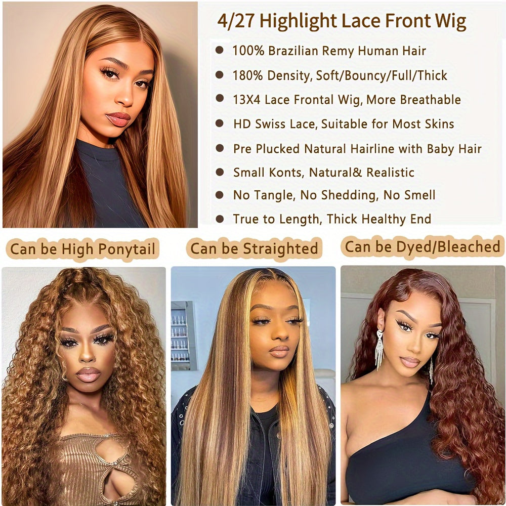 200% Density 4/27 Highlight Ombre Lace Front Wig Human Hair 13X4 HD Honey Blonde Lace Front Wig Human Hair Straight Glueless Human Hair Wigs for Women Pre Plucked with Baby Hair