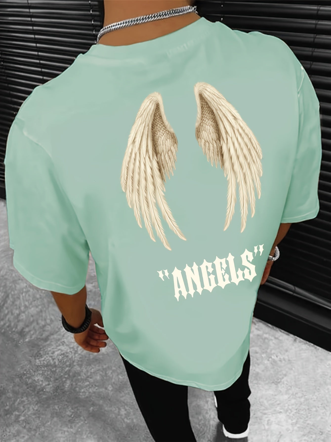 Mens Angel Wings Graphic Tee - Fashionable Casual Wear - Comfortable Solid Color Stretch Tee for Spring Summer - Lightweight Round Neck Design for Daily Style
