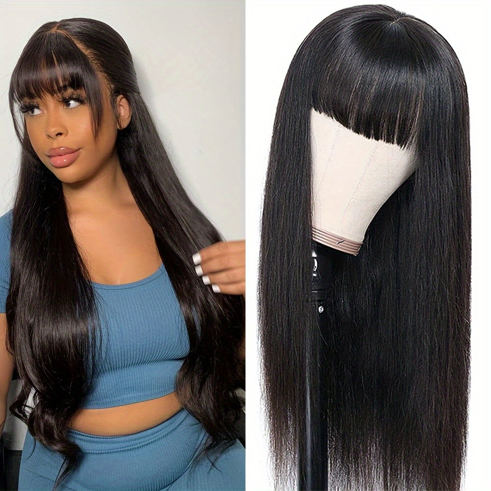 Straight Human Hair Wigs With Bangs Brazilian Put On And Go None Lace Front Wigs For Women Glueless Full Machine Made Wigs 150% Density Natural Color
