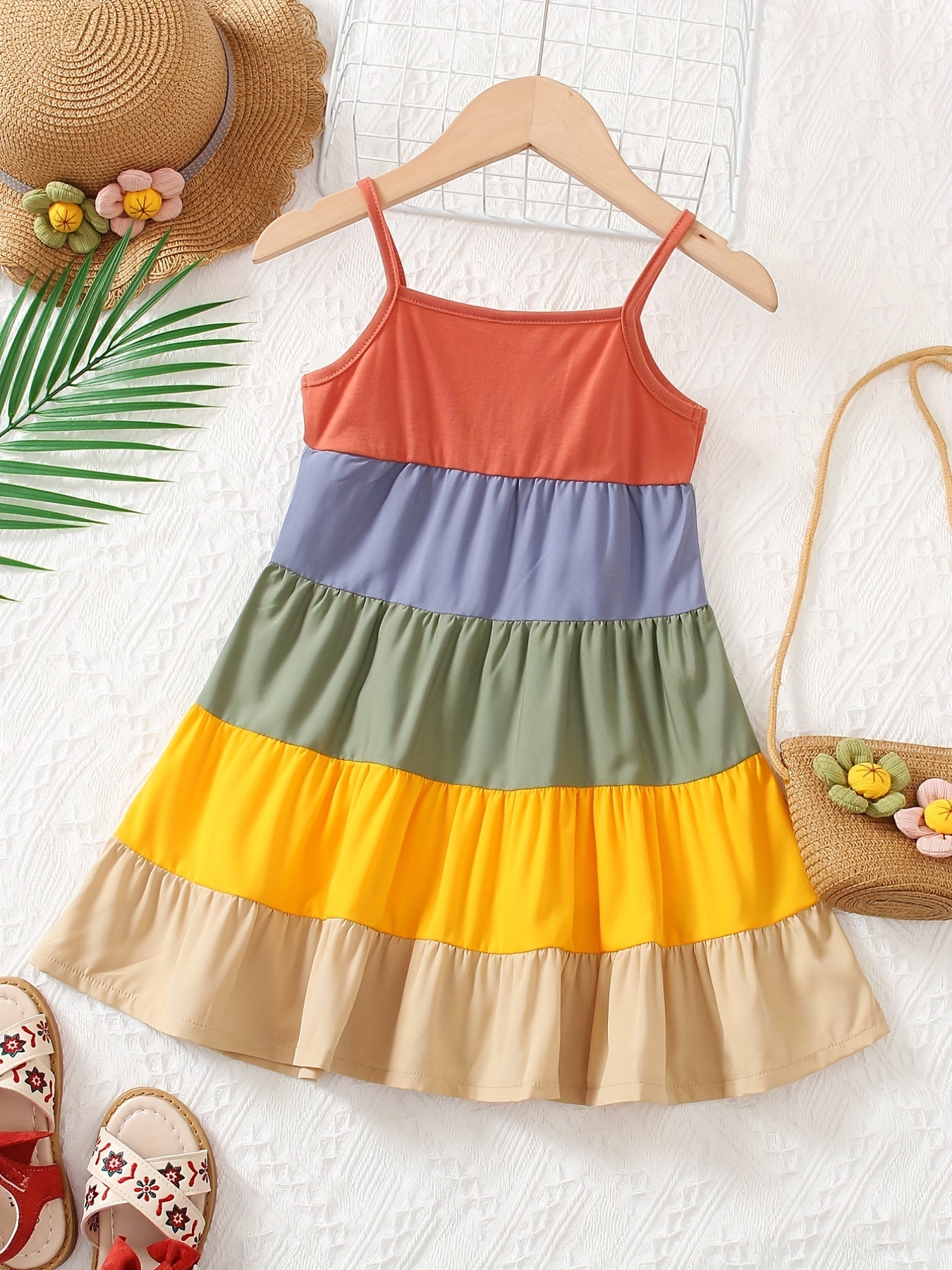 Girls Casual Rainbow Thin Strap Dress Clothes For Summer