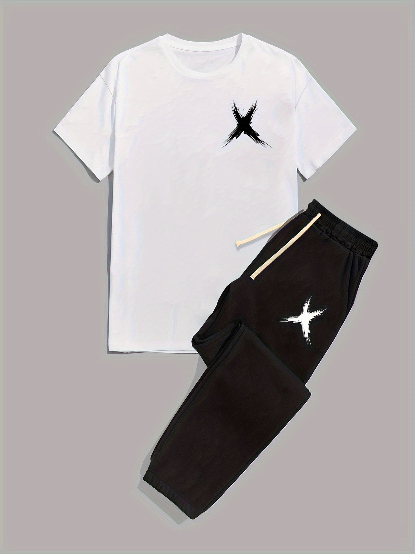 Mens 2 Piece Fashion Outfit Set - Bold Line Pattern Tee & Drawstring Sweatpants - Casual, Comfortable, and Stylish