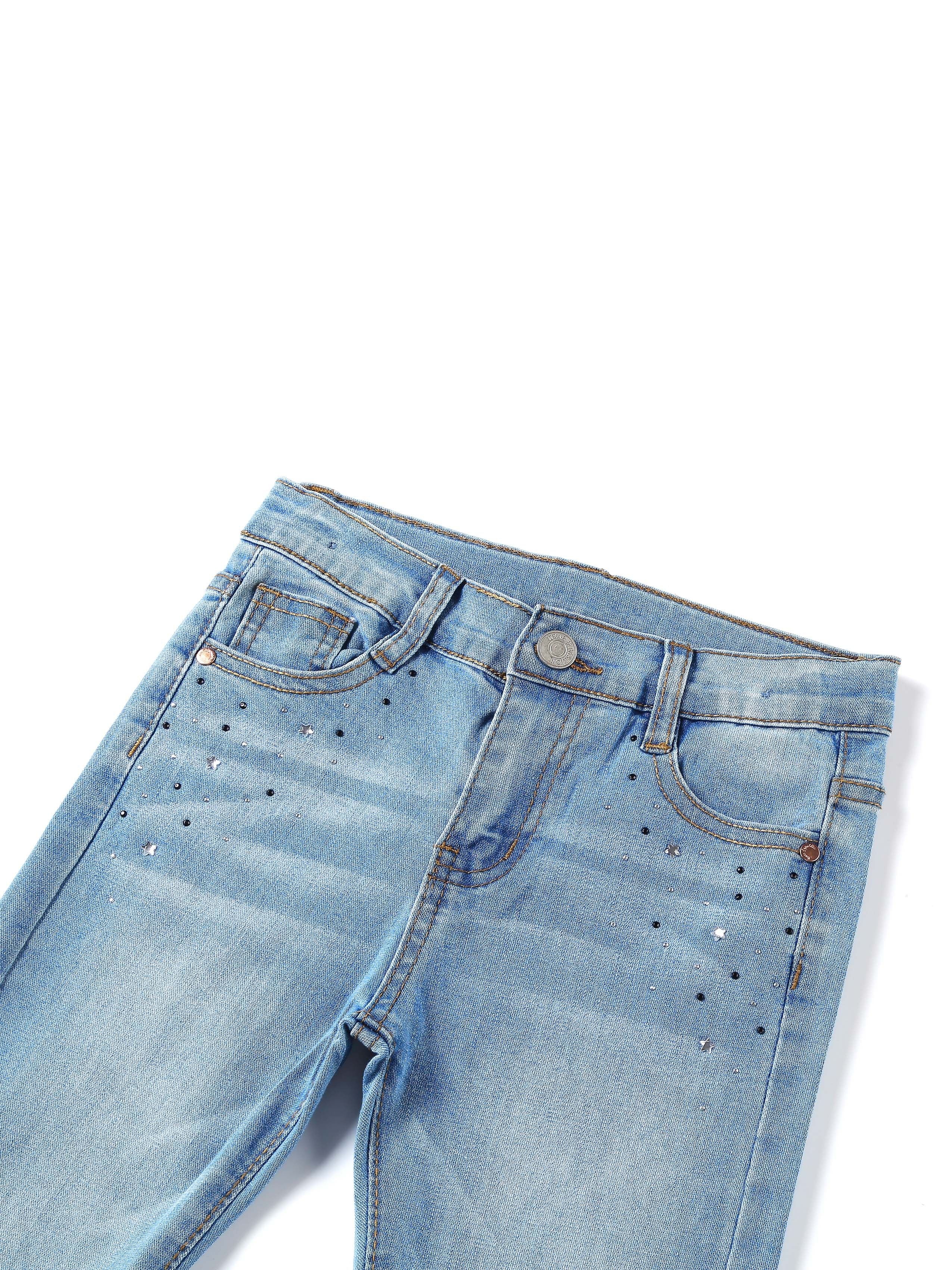 Girls' Rhinestone Embellished Stretch Denim Jeans - Cute & Comfortable Regular Fit with Elastic Waistband, All-Season Casual Wear for Kids, Cute Jeans, Kids Fashion, Comfortable Kids Wear