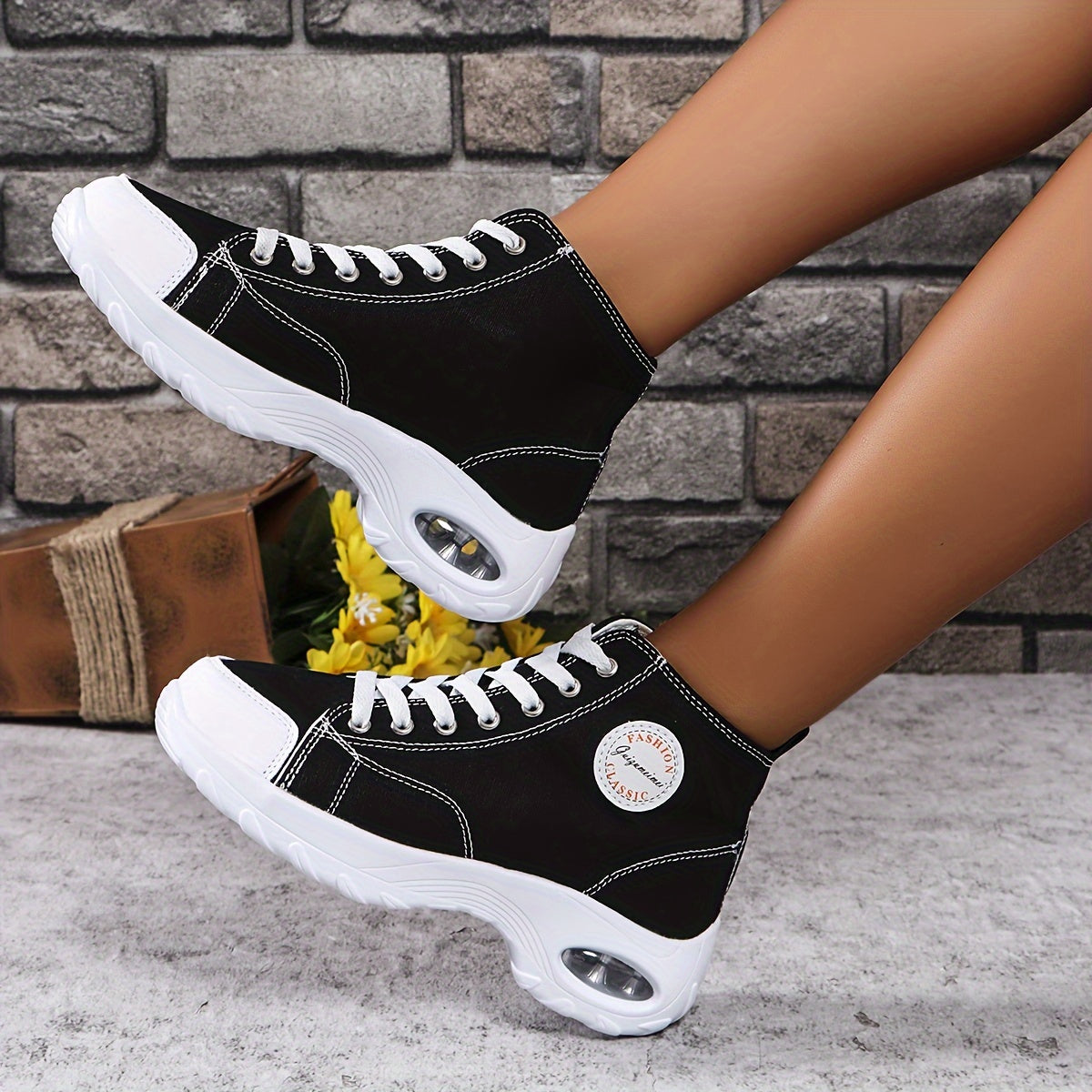 [Bold Style] Women's Fashionable High-Top Walking Shoes with Air Cushion - Lightweight, Thick Sole for Height Boost, Lace-Up, Comfortable Fabric Interior, All-Season Casual Footwear, Versatile Women's Shoes|Trendy Thick Sole|