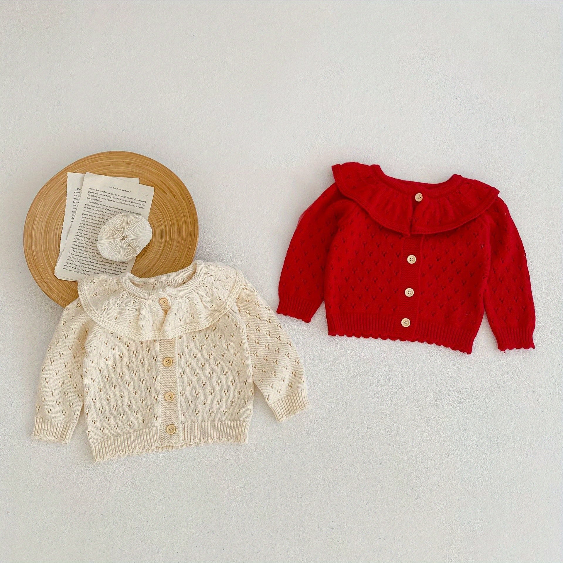 Girls' Jacquard Knit Ruffle Collar Button Long Sleeve Sweater Coat for Fall/Winter Outfits