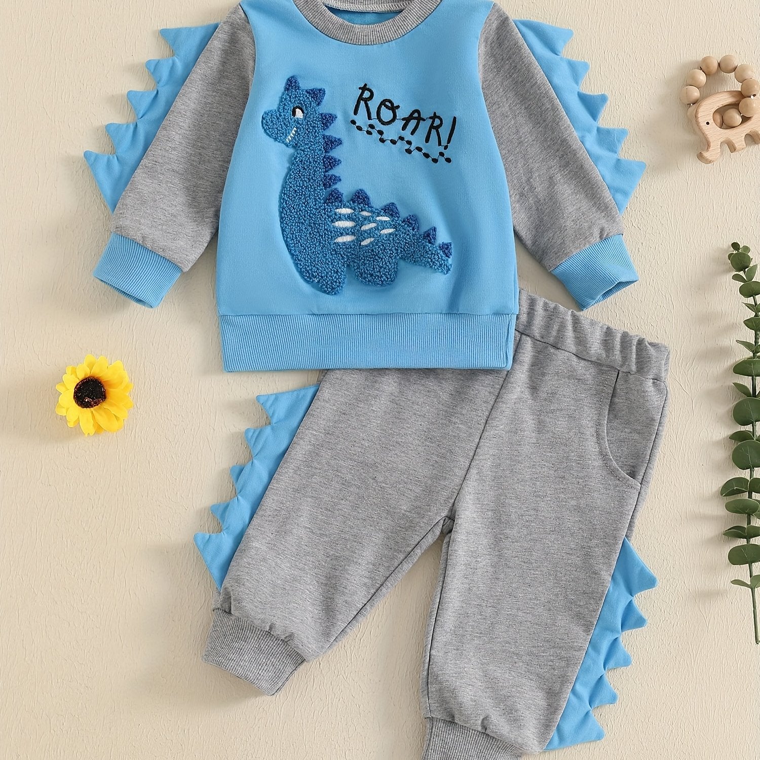 Toddler Boys Fall Outfits Dinosaur Letter Embroidery Long Sleeve Sweatshirts and Long Pants 2Pcs Clothes Set