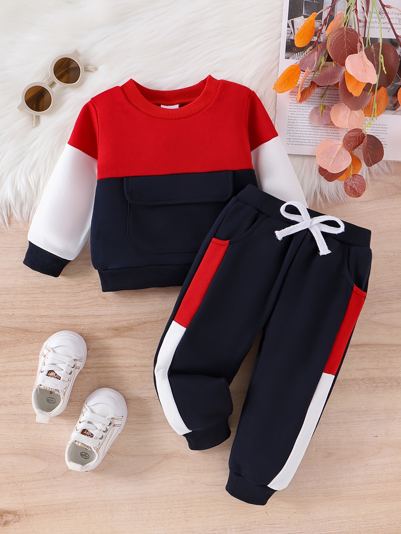 CETEPY Toddler Baby Boys Clothes Autumn Winter Outfits Color Block Long-sleeved Top + Trousers WIth Pockets Sets 6 Months-3 Years, for Outdoor