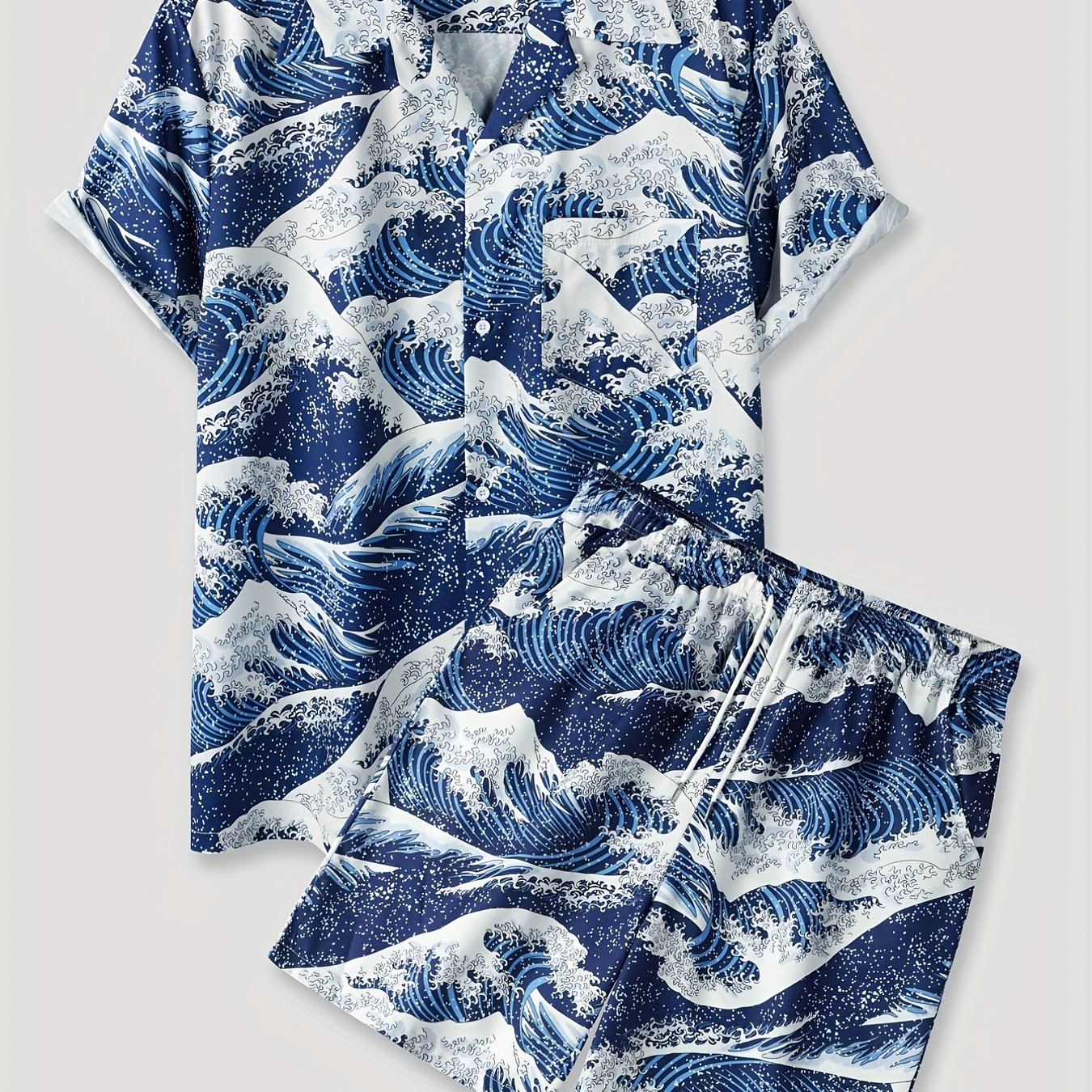 Sea Waves Full Pattern, Men's 2 Piece Outfits, Revere Collar Short Sleeve Hawaiian Shirt & Drawstring Loose Trendy Shorts Sets, Mens Clothes