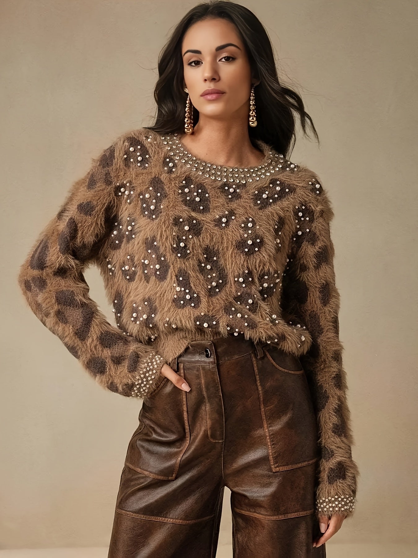 Women's Retro Leopard Print & Rhinestone Sweater - Soft Stretchy Pullover with Pearl Accents, Round Neck Long Sleeve Casual Winter Top for Fall & Winter Outfits