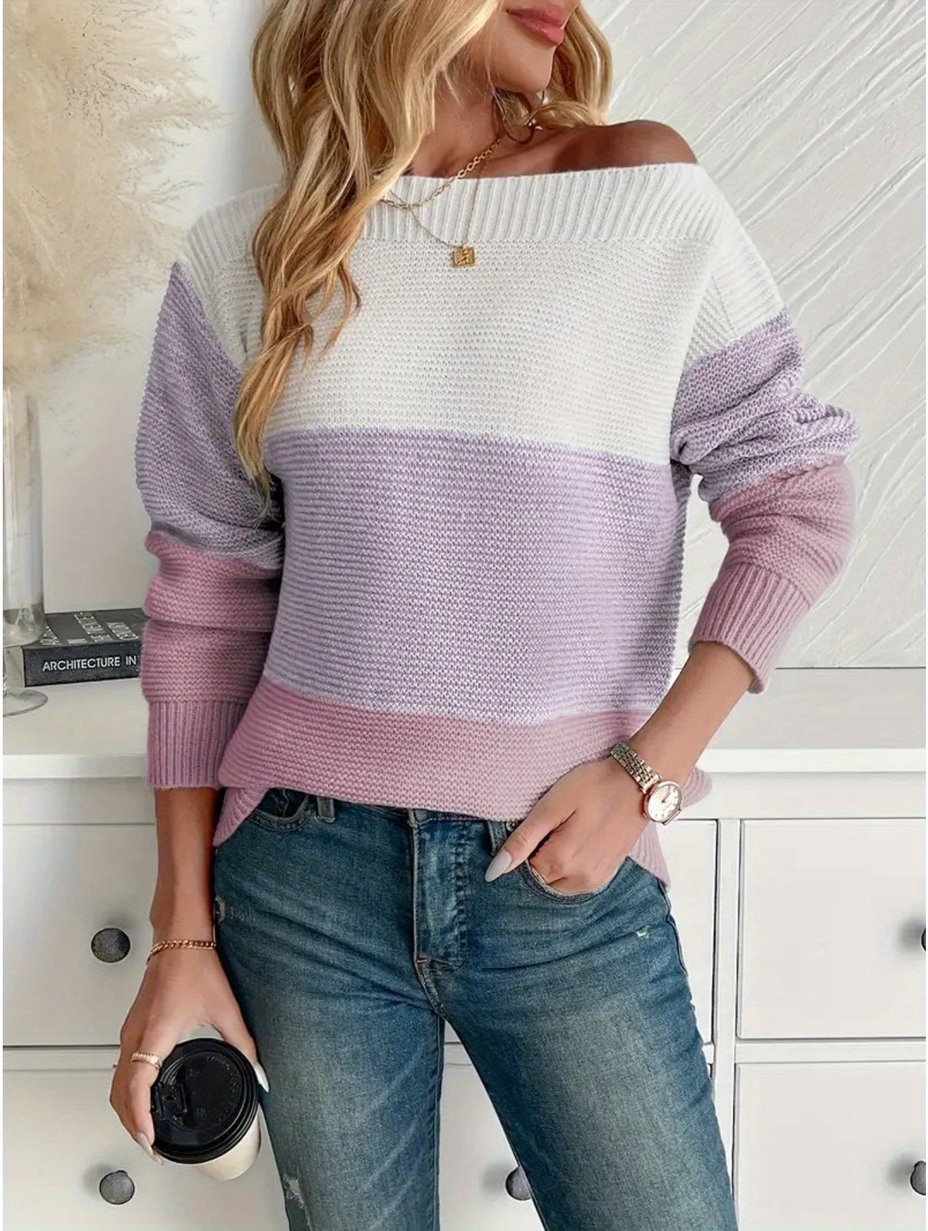 Women's Elegant Off-Shoulder Colorblock Sweater - Stylish Long Sleeve Pullover with Vertical Stripes in Pink, Purple & White, Ribbed Cuffs, Versatile for Fall & Winter Outfits, Ladies Sweaters