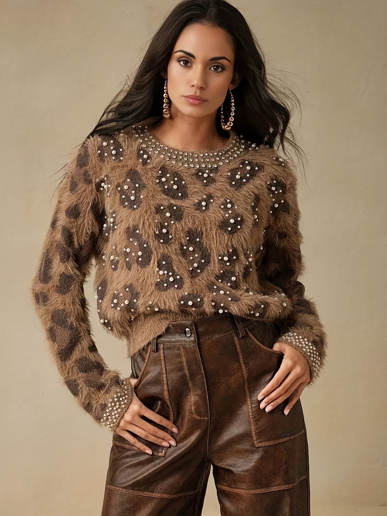 Women's Retro Leopard Print & Rhinestone Sweater - Soft Stretchy Pullover with Pearl Accents, Round Neck Long Sleeve Casual Winter Top for Fall & Winter Outfits