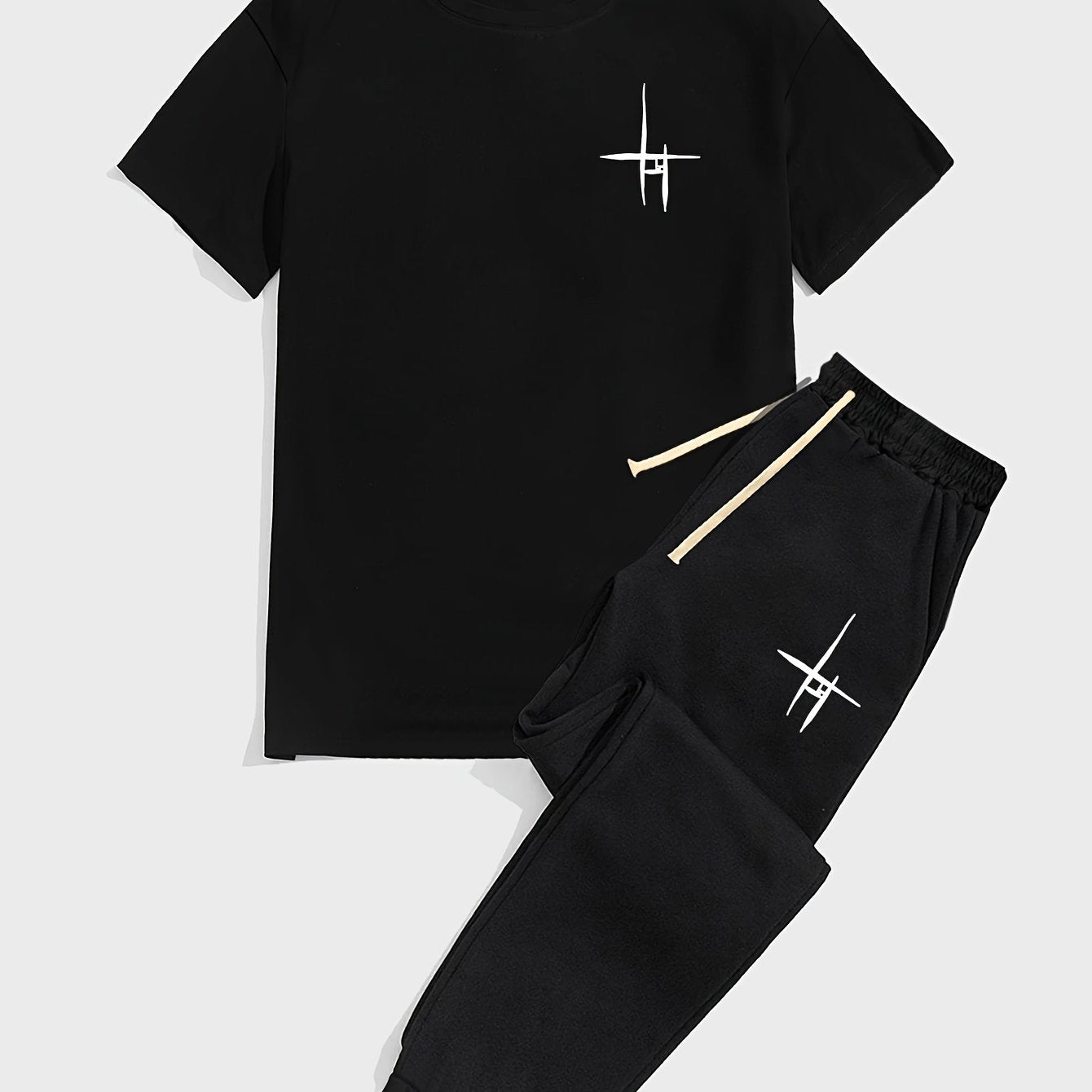 Mens 2 Piece Fashion Outfit Set - Bold Line Pattern Tee & Drawstring Sweatpants - Casual, Comfortable, and Stylish