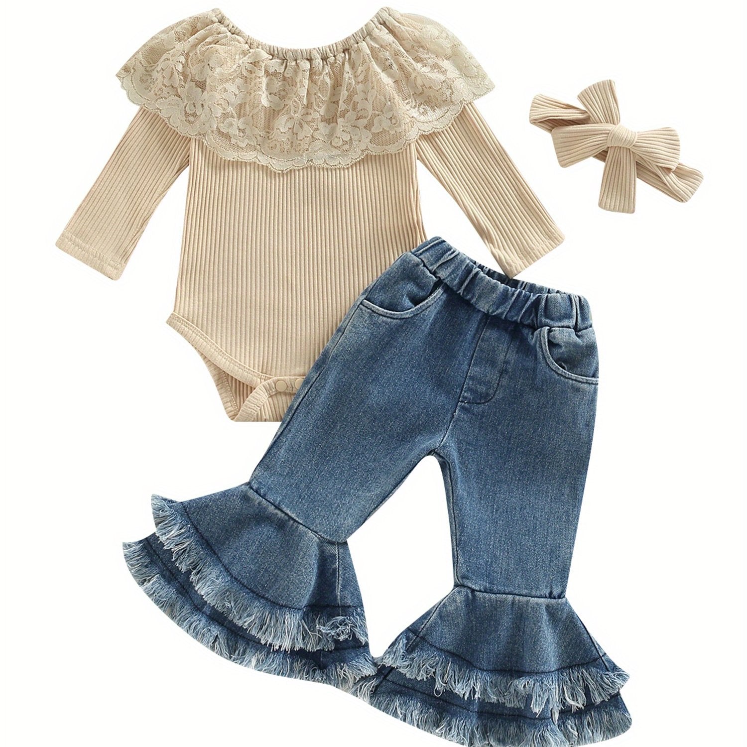 Infant Baby Girl Clothes Lace Ruffle Long Sleeve Off Shoulder Ribbed Romper Top Denim Flare Pants Headband Jeans Bell Bottoms Set Cute Fall Outfits