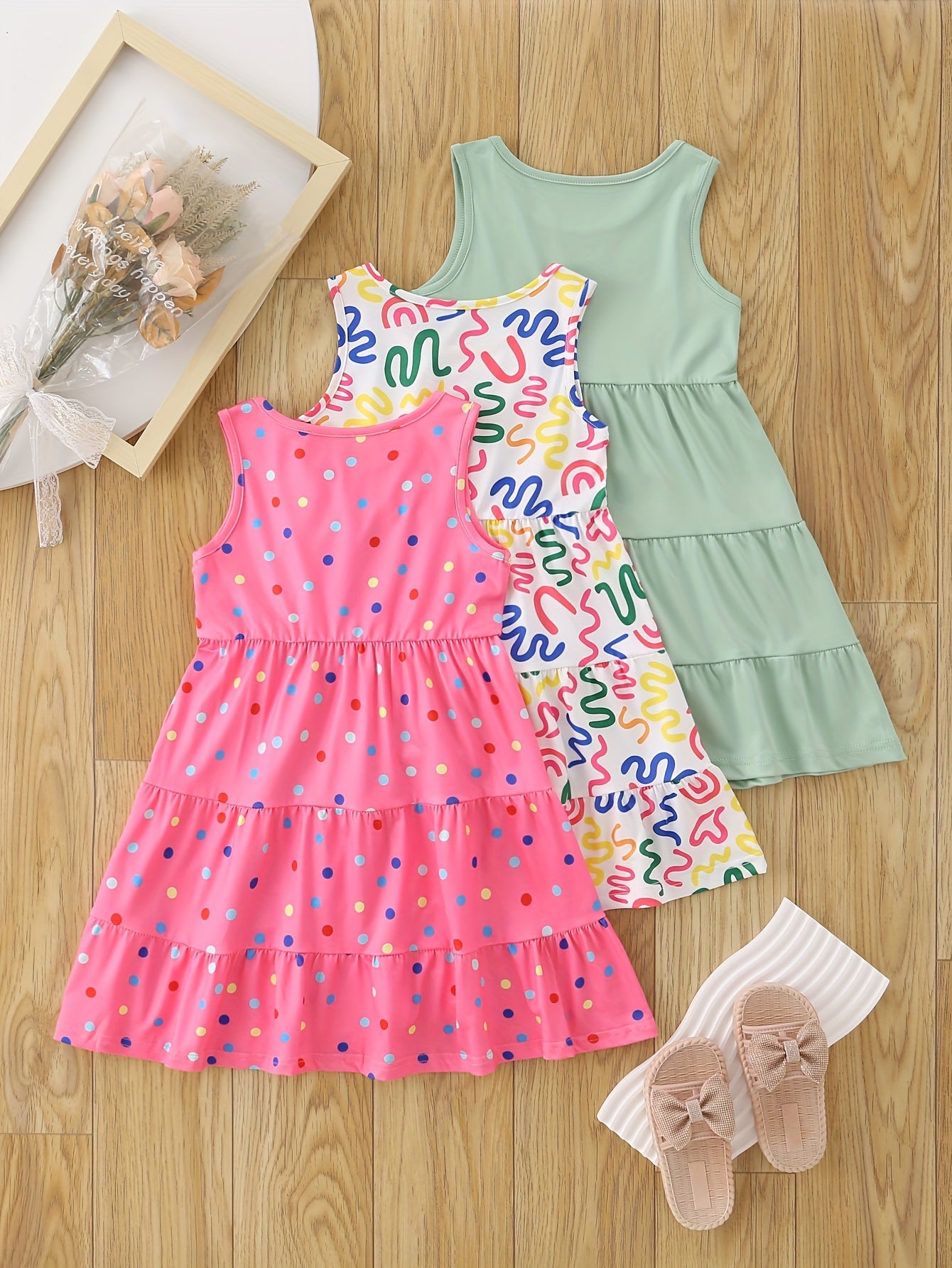 [Girls Sleeveless Dresses] 3pcs Girls' Sleeveless Dresses - Vibrant Rainbow & Candy Pattern, Yellow Tiered Ruffle Dress, Purple Polka Dot with Rainbow & Clouds Design - Perfect for Summer, Parties, and Casual Outings, Party D