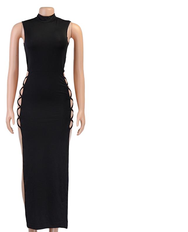 Solid Sleeveless Hollow Out Sexy Dress, High Split High Neck Dress, Women's Clothing