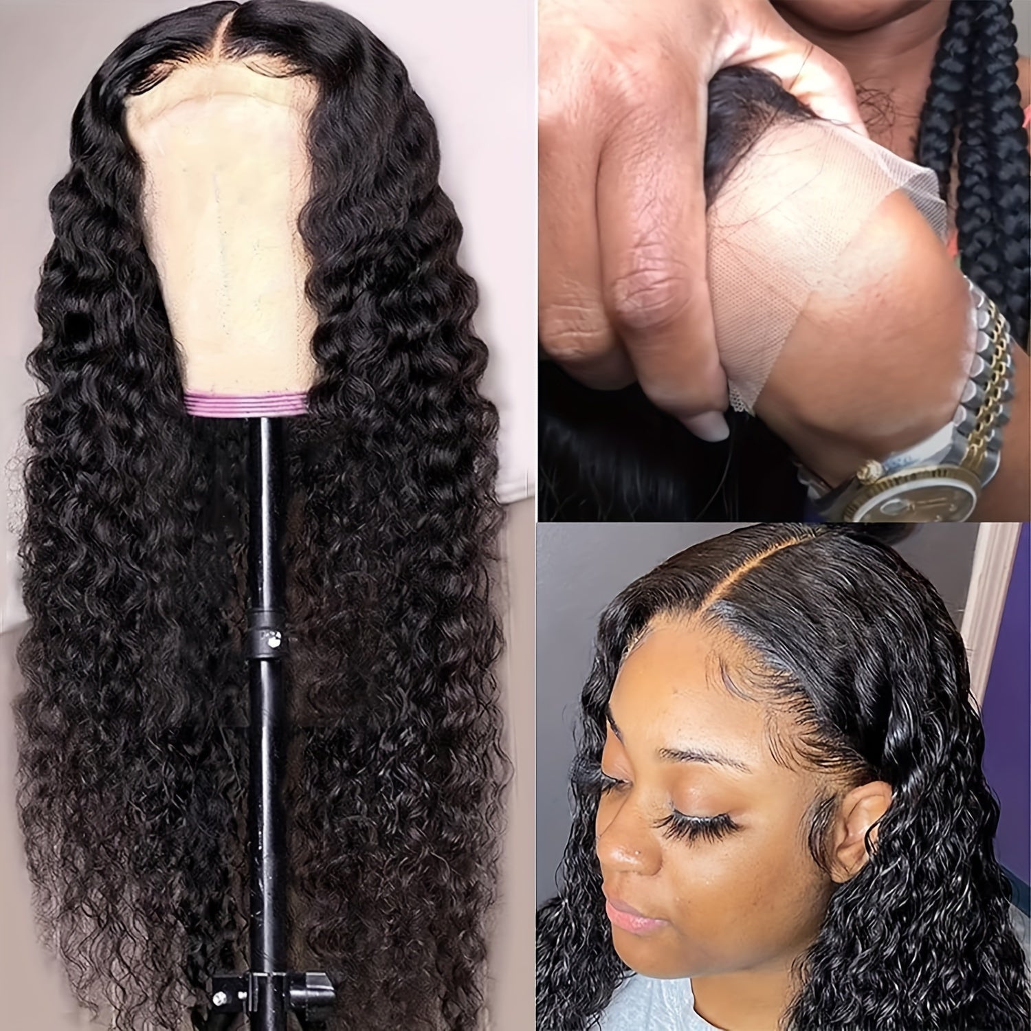 [13x6 Water Wave Wig] 200% Density Glueless Human Hair 13x6 Water Wave Wig - Pre-Plucked & Pre-Cut HD Lace Frontal, Deep Curly Wigs for Women, Easy to Wear for Beginners, Natural Look for Black Individuals, Wig Accessories