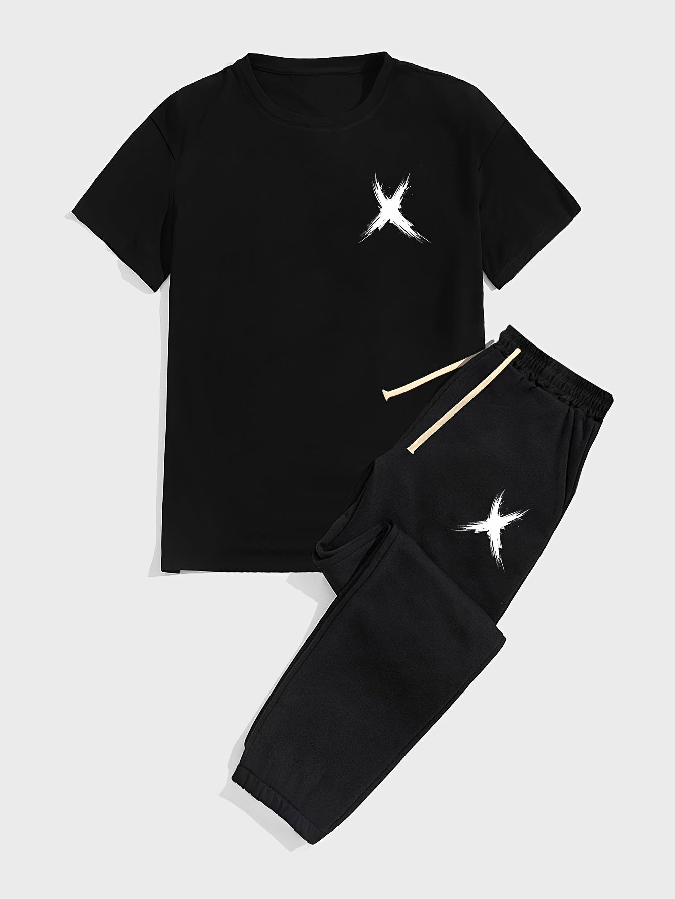 Mens 2 Piece Fashion Outfit Set - Bold Line Pattern Tee & Drawstring Sweatpants - Casual, Comfortable, and Stylish