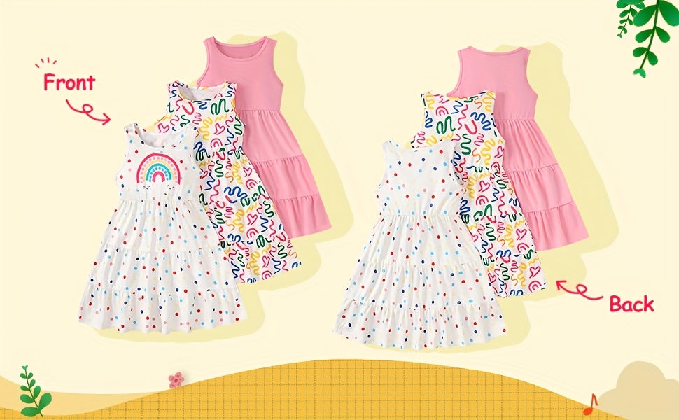 [Girls Sleeveless Dresses] 3pcs Girls' Sleeveless Dresses - Vibrant Rainbow & Candy Pattern, Yellow Tiered Ruffle Dress, Purple Polka Dot with Rainbow & Clouds Design - Perfect for Summer, Parties, and Casual Outings, Party D