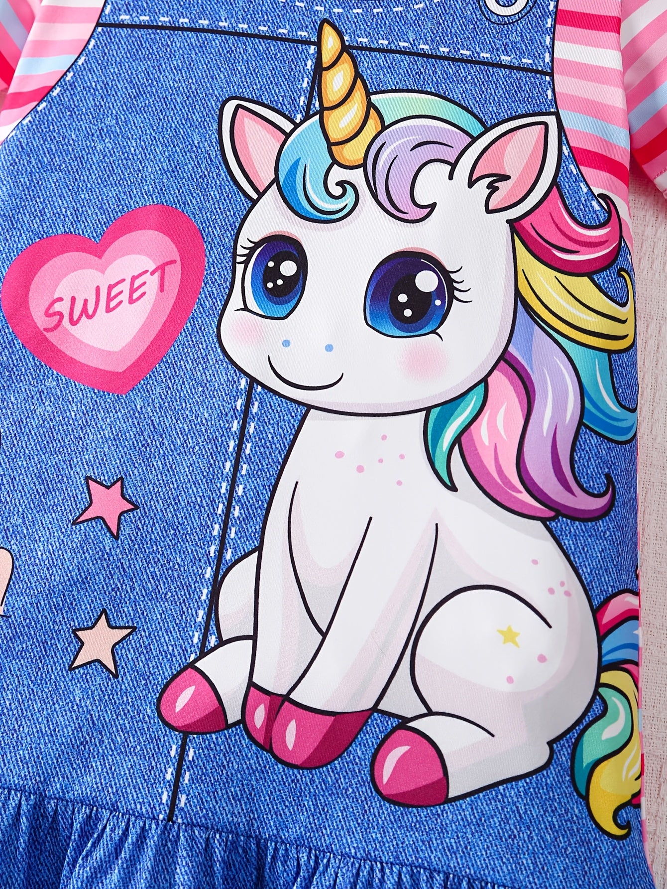 Baby Girl's Summer Casual Dress - Adorable Unicorn & Heart Print with Striped Sleeves, Imitation Denim Shoulder Straps, Flared Ruffled Hem, Machine-Washable Lightweight Playwear, Little Girl Clothes, Easy Dress Kids, Playful