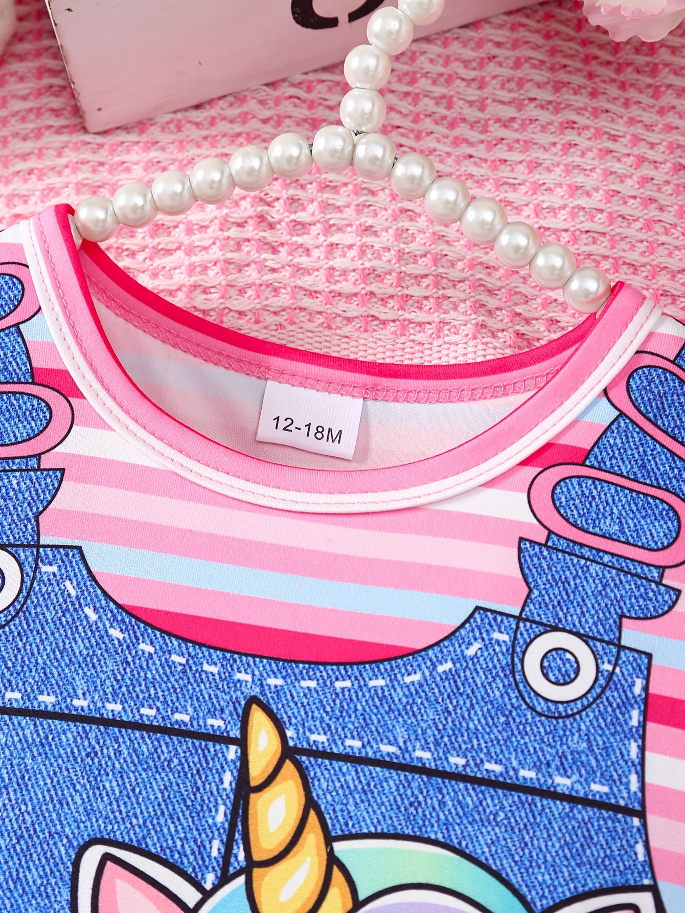 Baby Girl's Summer Casual Dress - Adorable Unicorn & Heart Print with Striped Sleeves, Imitation Denim Shoulder Straps, Flared Ruffled Hem, Machine-Washable Lightweight Playwear, Little Girl Clothes, Easy Dress Kids, Playful