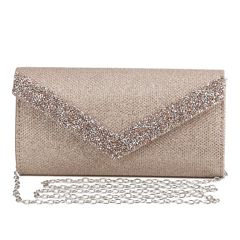 Glitter Women Envelope Evening Bag Mini Long Purse Ladies Silvery Day Clutch Wedding Party Handbag Shoulder Bags with Chain --A