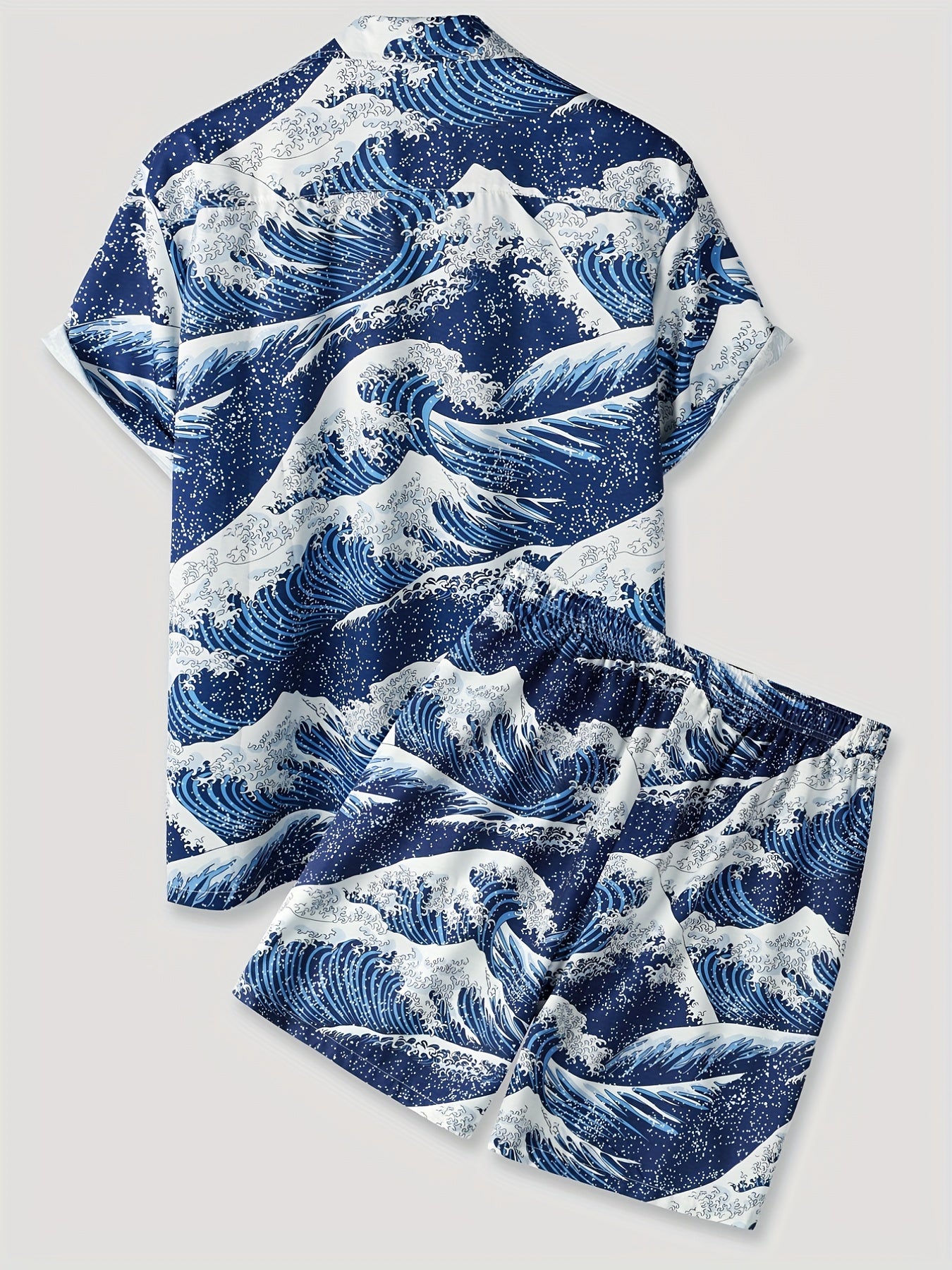 Sea Waves Full Pattern, Men's 2 Piece Outfits, Revere Collar Short Sleeve Hawaiian Shirt & Drawstring Loose Trendy Shorts Sets, Mens Clothes