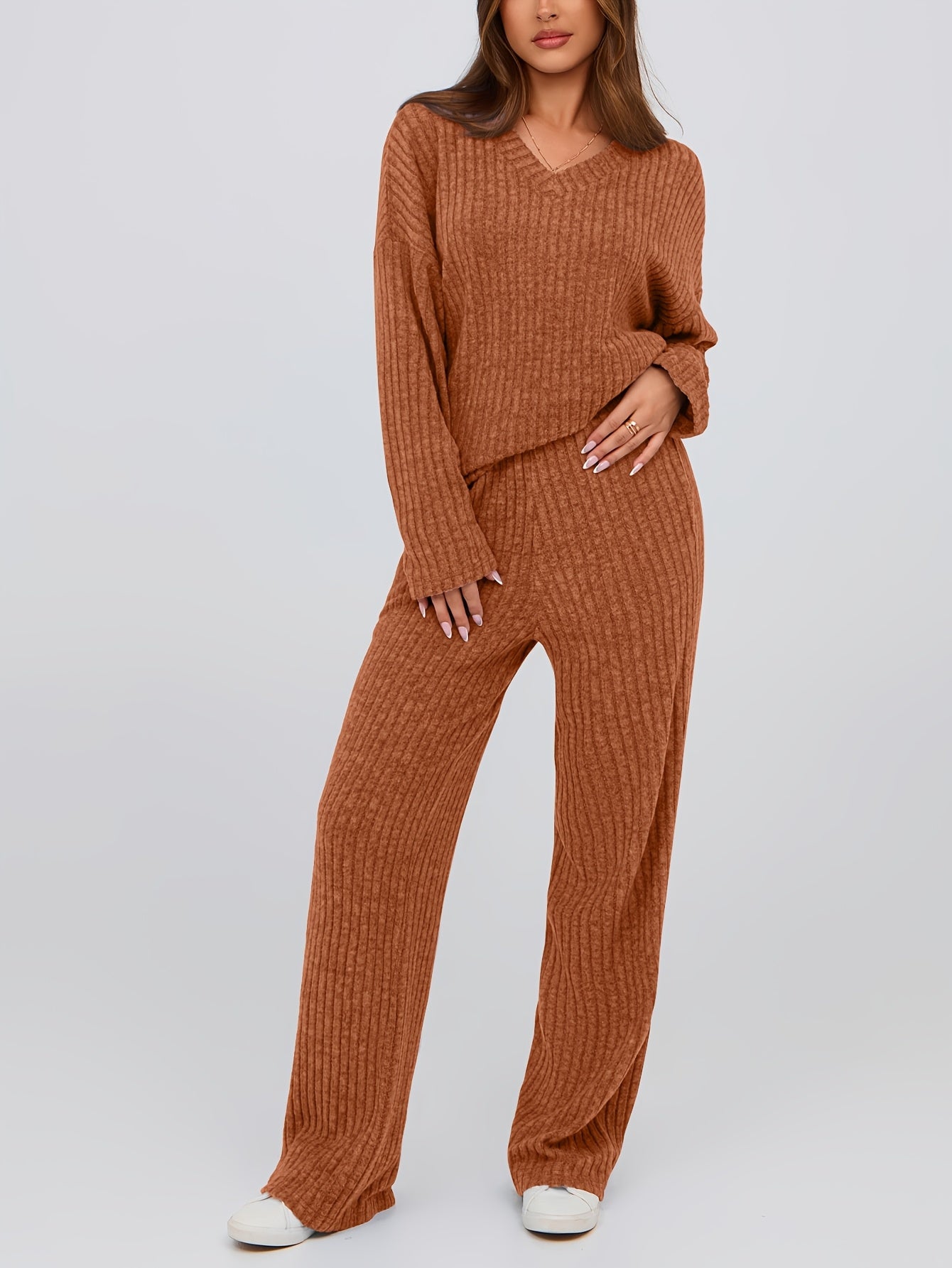[Ribbed Knit Lounge Sets] 2pcs Ribbed Knit Lounge Sets - Women's Long Sleeve V Neck Pullover Tops Wide Leg Pants for Fall Winter Outfits
