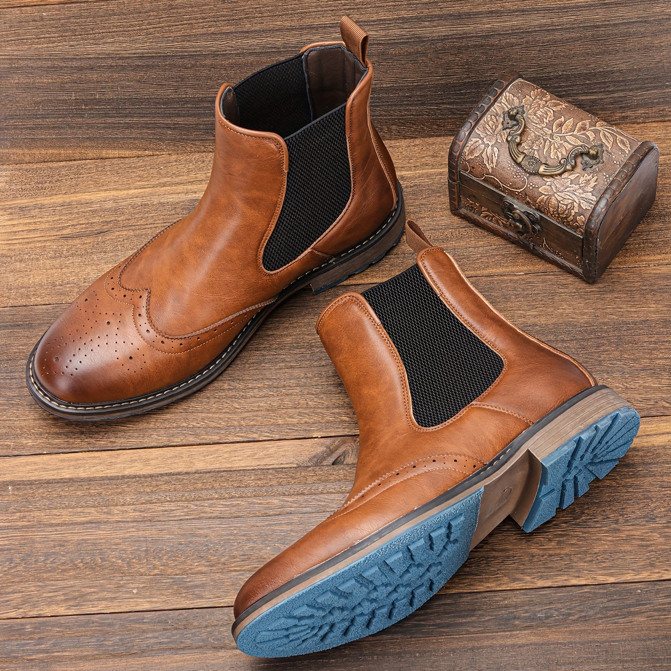 Mens Premium Brogue Slip-On Chelsea Boots - Stylish & Comfortable Ankle Footwear with Classic Round Toe - Perfect for Everyday Versatility