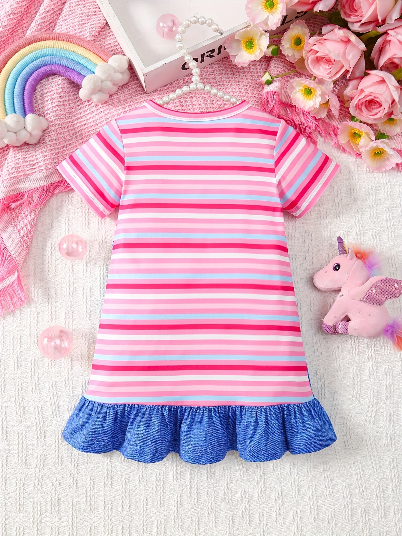 Baby Girl's Summer Casual Dress - Adorable Unicorn & Heart Print with Striped Sleeves, Imitation Denim Shoulder Straps, Flared Ruffled Hem, Machine-Washable Lightweight Playwear, Little Girl Clothes, Easy Dress Kids, Playful