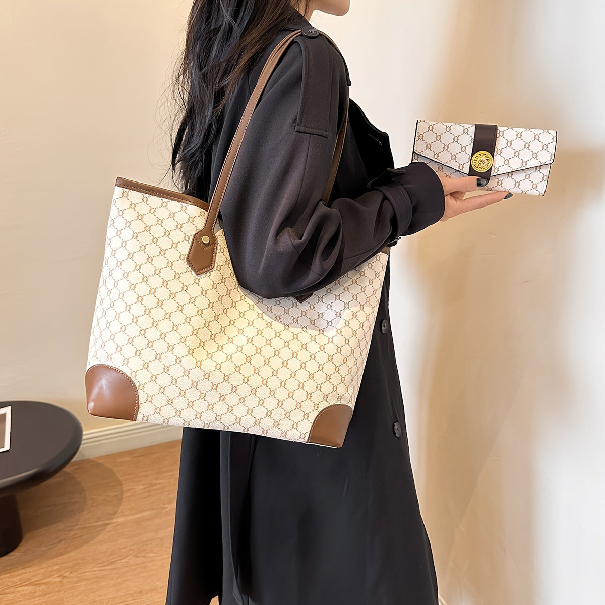 Classic Elegant Tote Shoulder Bag With Long Purse, Elegant Textured Women's Bags, New Year & Valentine's Day Gift