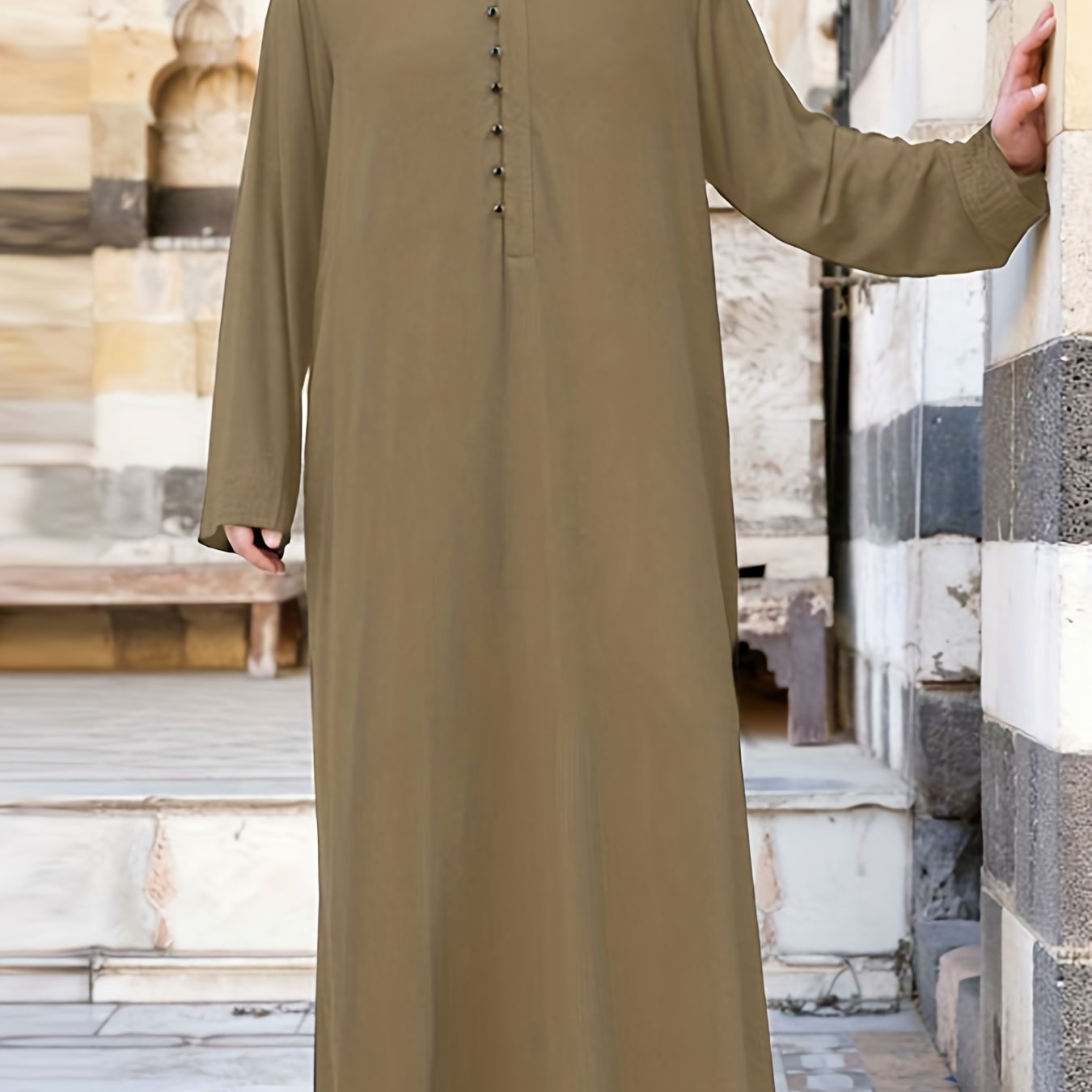 INCERUN Mens Solid Color Long Sleeve Off the Shoulder Thin Thobe Stand Collar Casual Burqa - Polyester Woven Fabric, Regular Fit, Spring Season, Non-Stretch, No Sheer - Perfect for Ramadan, Eid Al-Adha Celebrations