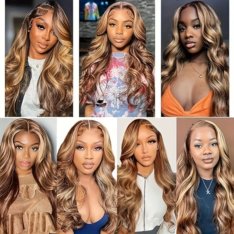 Honey Blonde Lace Front Wig Human Hair 4/27 Highlight Ombre 5x5 Transparent Lace Frontal Human Hair Wigs for Women Body Wave Highlight Lace Front Glueless Wigs Pre Plucked 180% Density 28 Inch