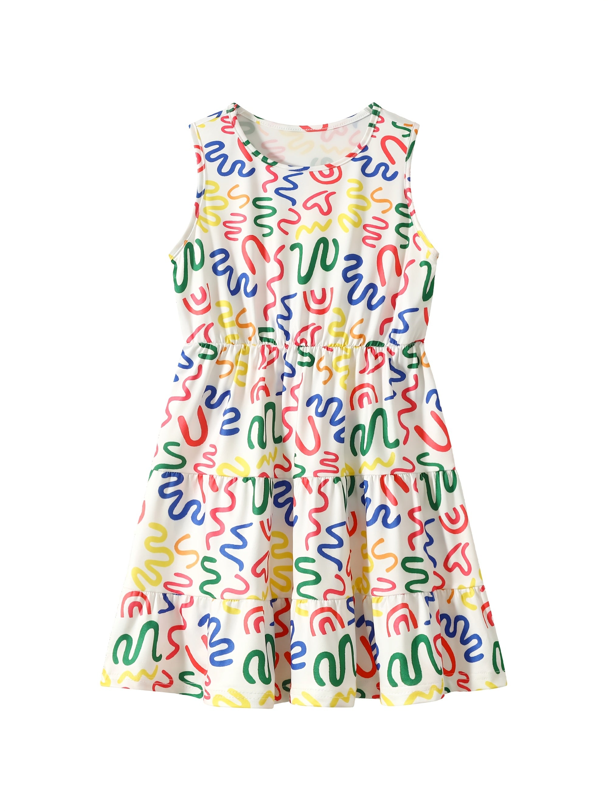 [Girls Sleeveless Dresses] 3pcs Girls' Sleeveless Dresses - Vibrant Rainbow & Candy Pattern, Yellow Tiered Ruffle Dress, Purple Polka Dot with Rainbow & Clouds Design - Perfect for Summer, Parties, and Casual Outings, Party D