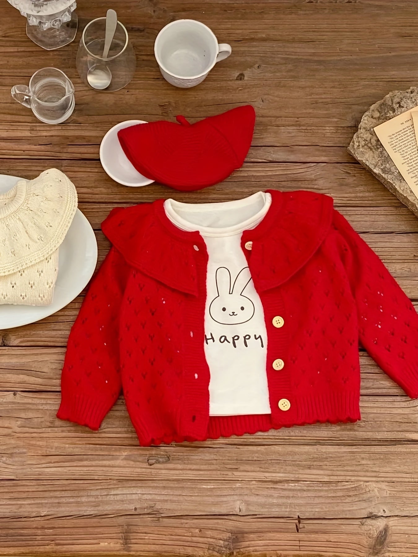 Girls' Jacquard Knit Ruffle Collar Button Long Sleeve Sweater Coat for Fall/Winter Outfits