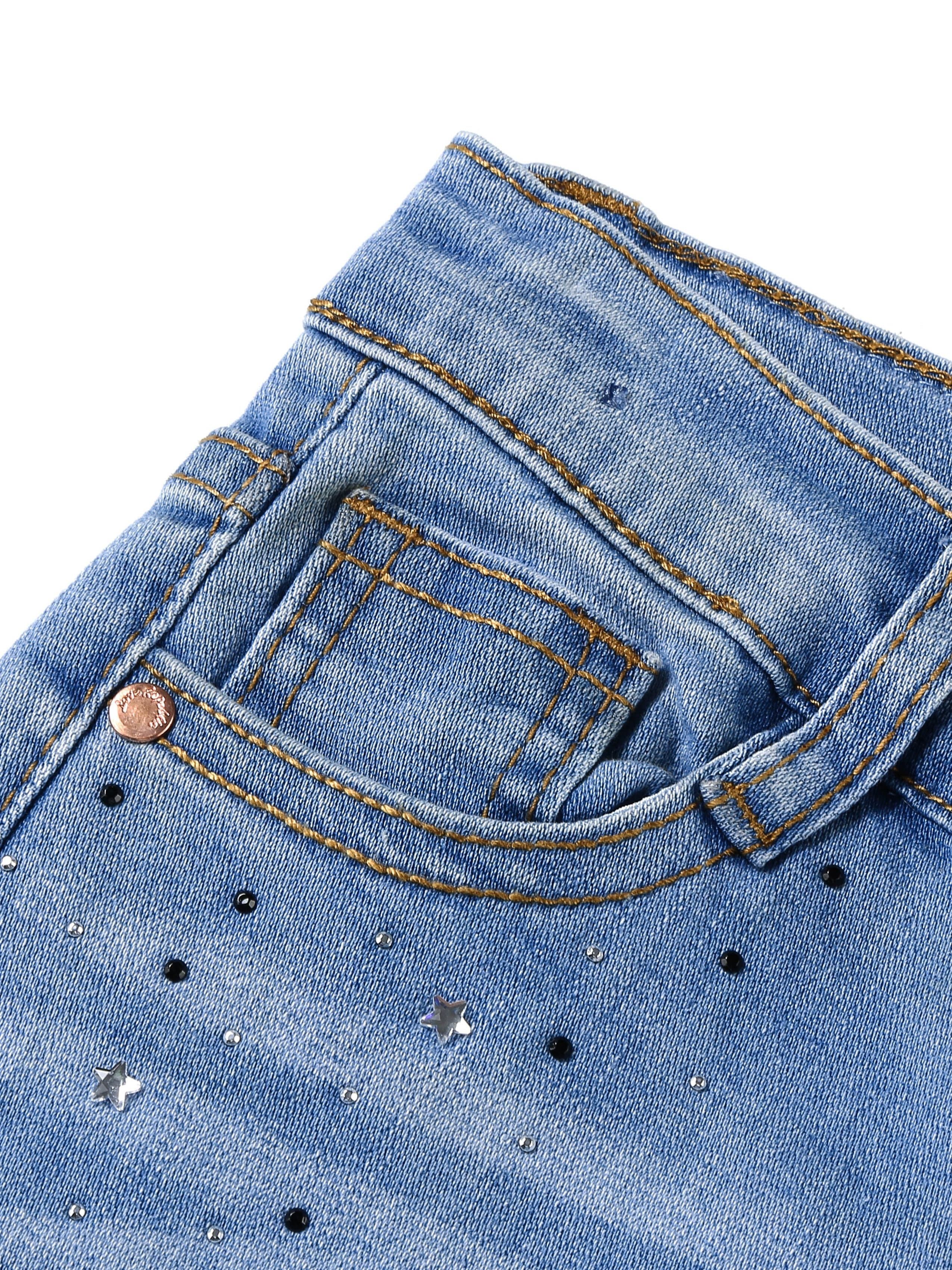 Girls' Rhinestone Embellished Stretch Denim Jeans - Cute & Comfortable Regular Fit with Elastic Waistband, All-Season Casual Wear for Kids, Cute Jeans, Kids Fashion, Comfortable Kids Wear