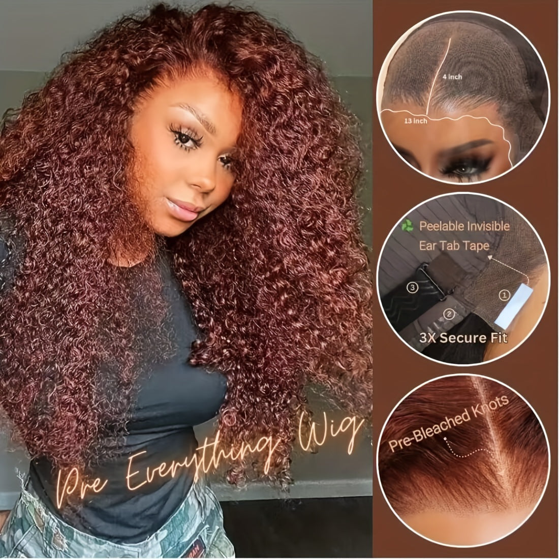 UNICE 24 inch Jerry Curly Reddish Brown Pre Plucked Pre Cut Lace Wig - 13x4 Ear to Ear Lace Front Wigs Human Hair Glueless Frontal Wig - Bleached Knots Put on and Go