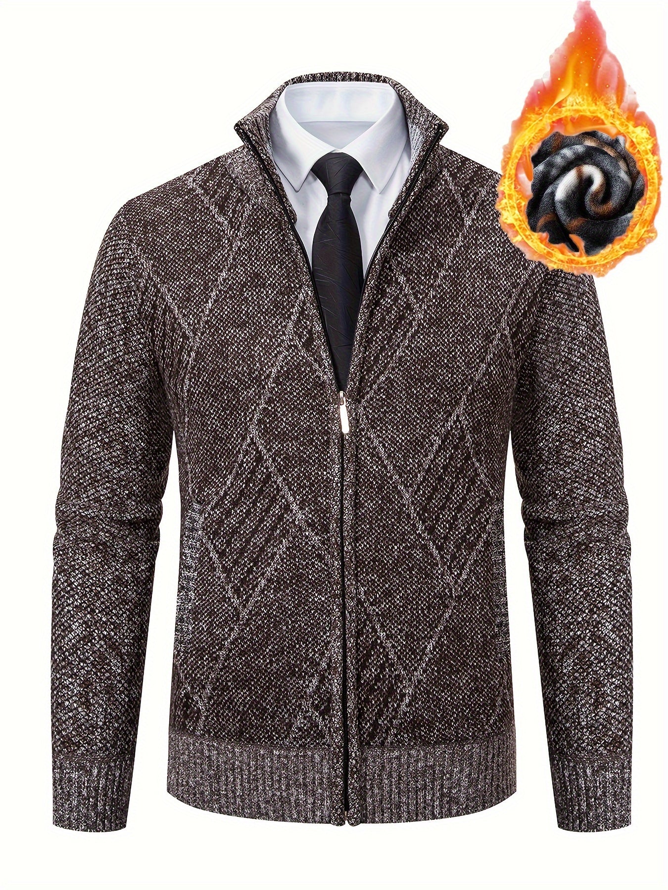 Mens Diamond Plaid Cardigan - Stylish Casual with Refined Stand Collar - Luxuriously Plush & Cozy Warm Knit Zip Up - Eye-Catching Design